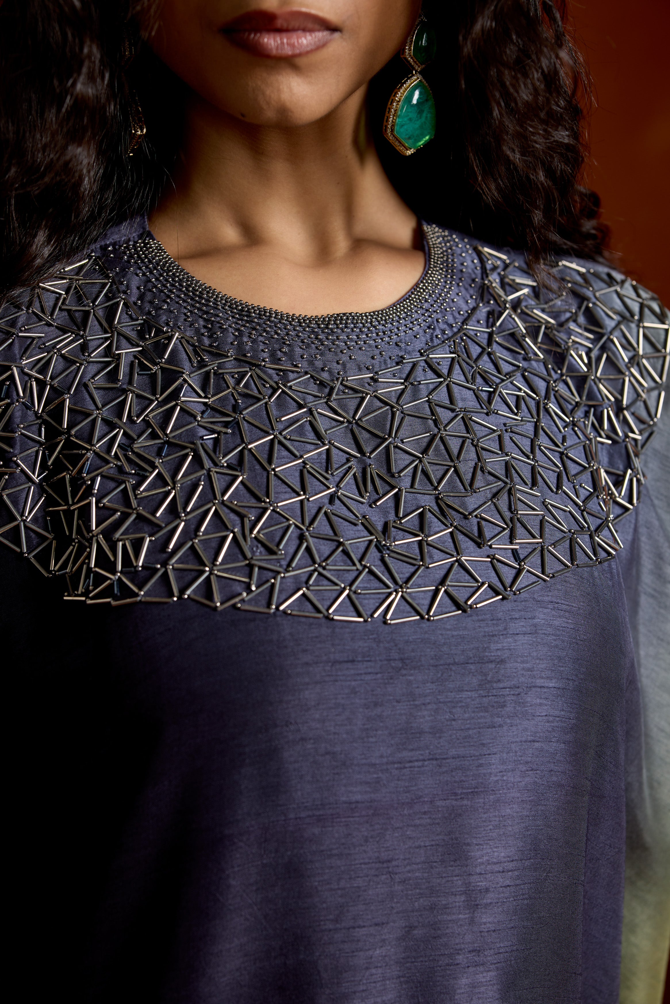 Navy Blue Embellished Raw Silk Kaftan Set