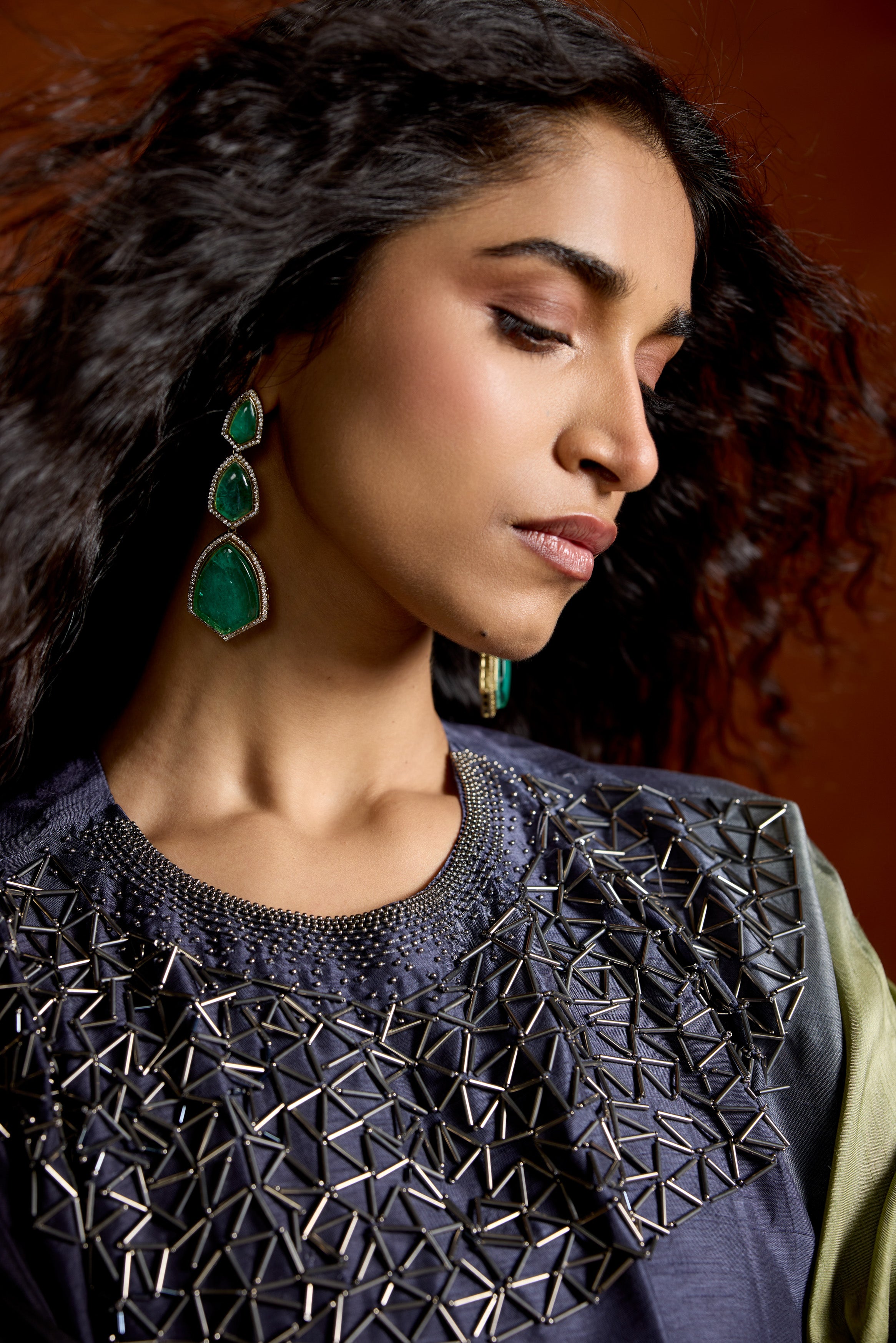 Navy Blue Embellished Raw Silk Kaftan Set