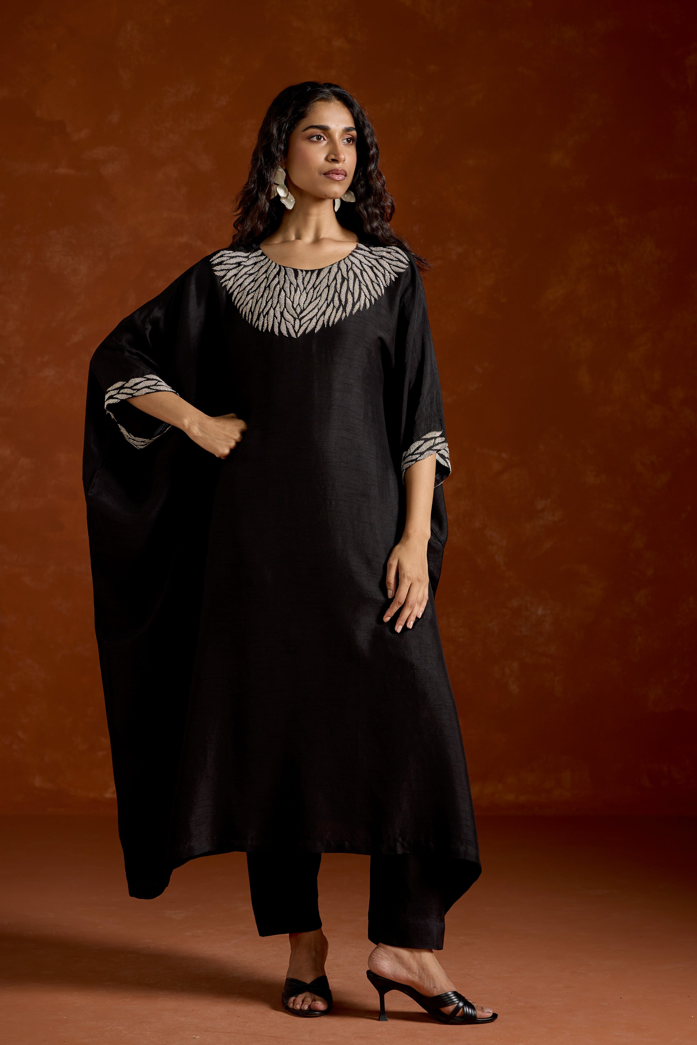 Black Embellished Raw Silk Kaftan Set
