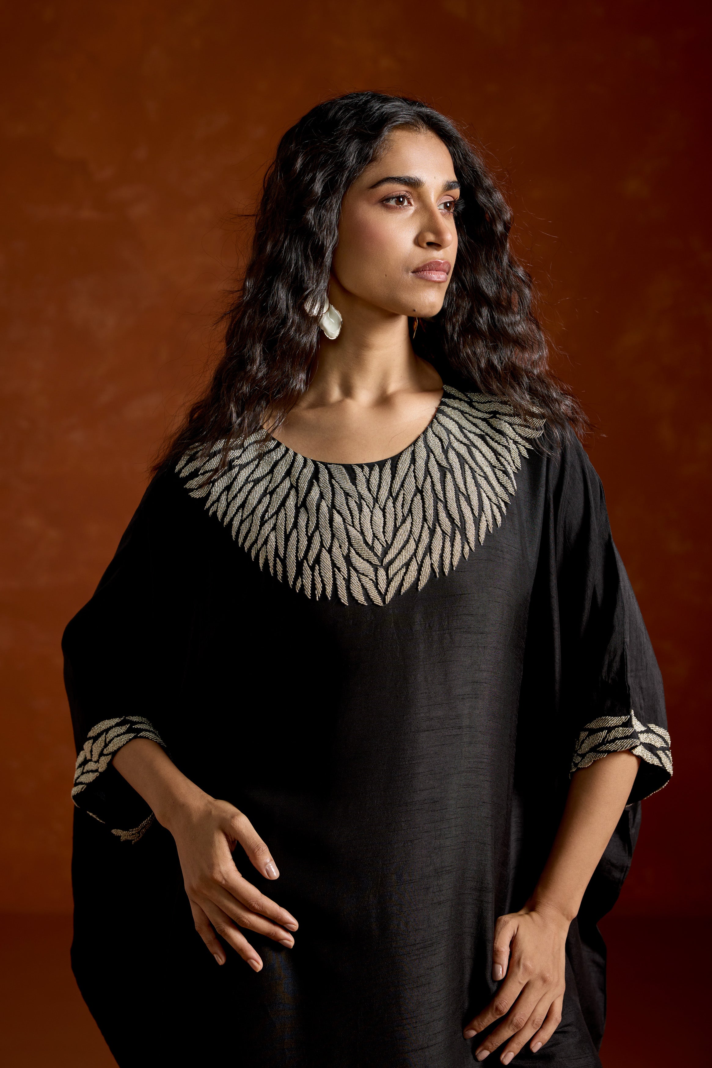 Black Embellished Raw Silk Kaftan Set