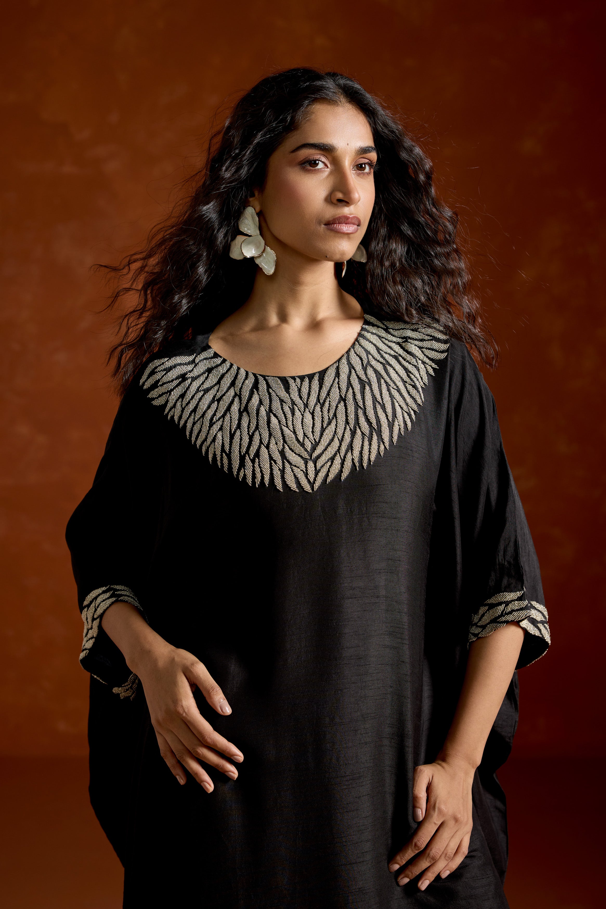 Black Embellished Raw Silk Kaftan Set