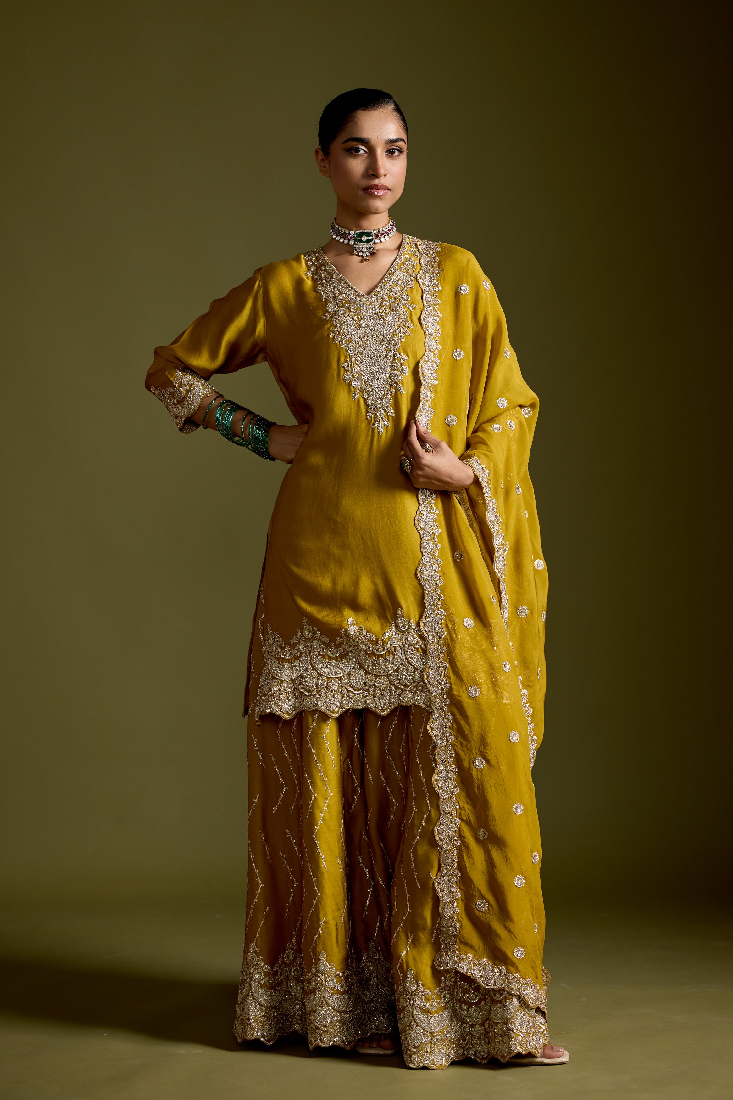 Haldi Yellow Embellished Satin Silk Palazzo Set