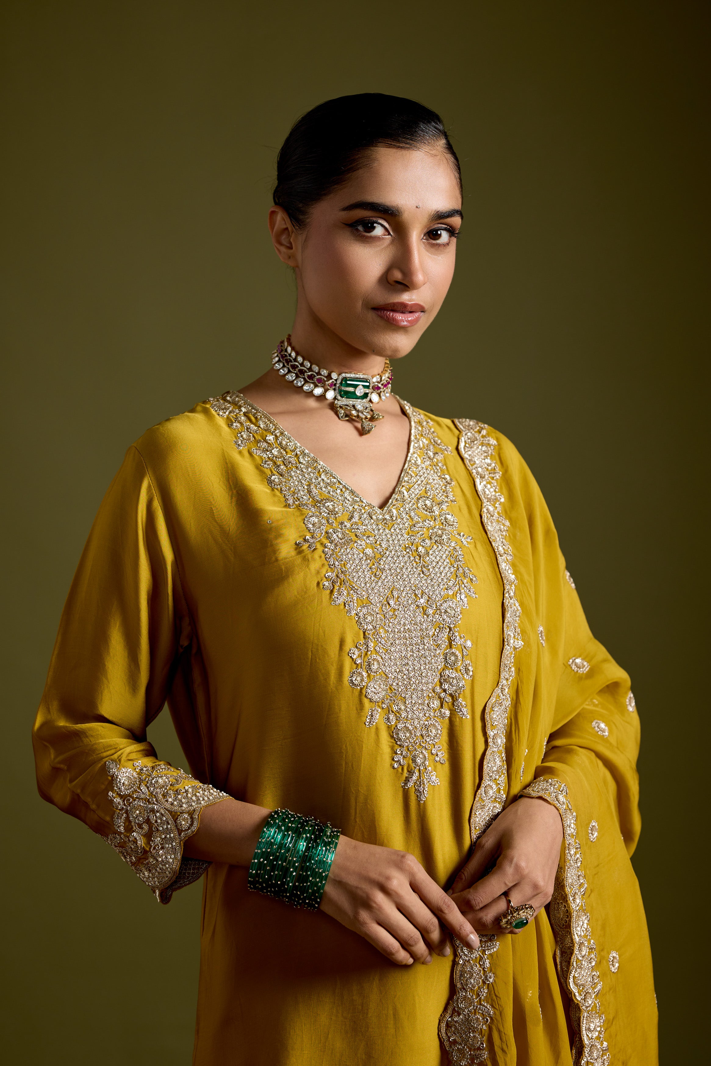 Haldi Yellow Embellished Satin Silk Palazzo Set