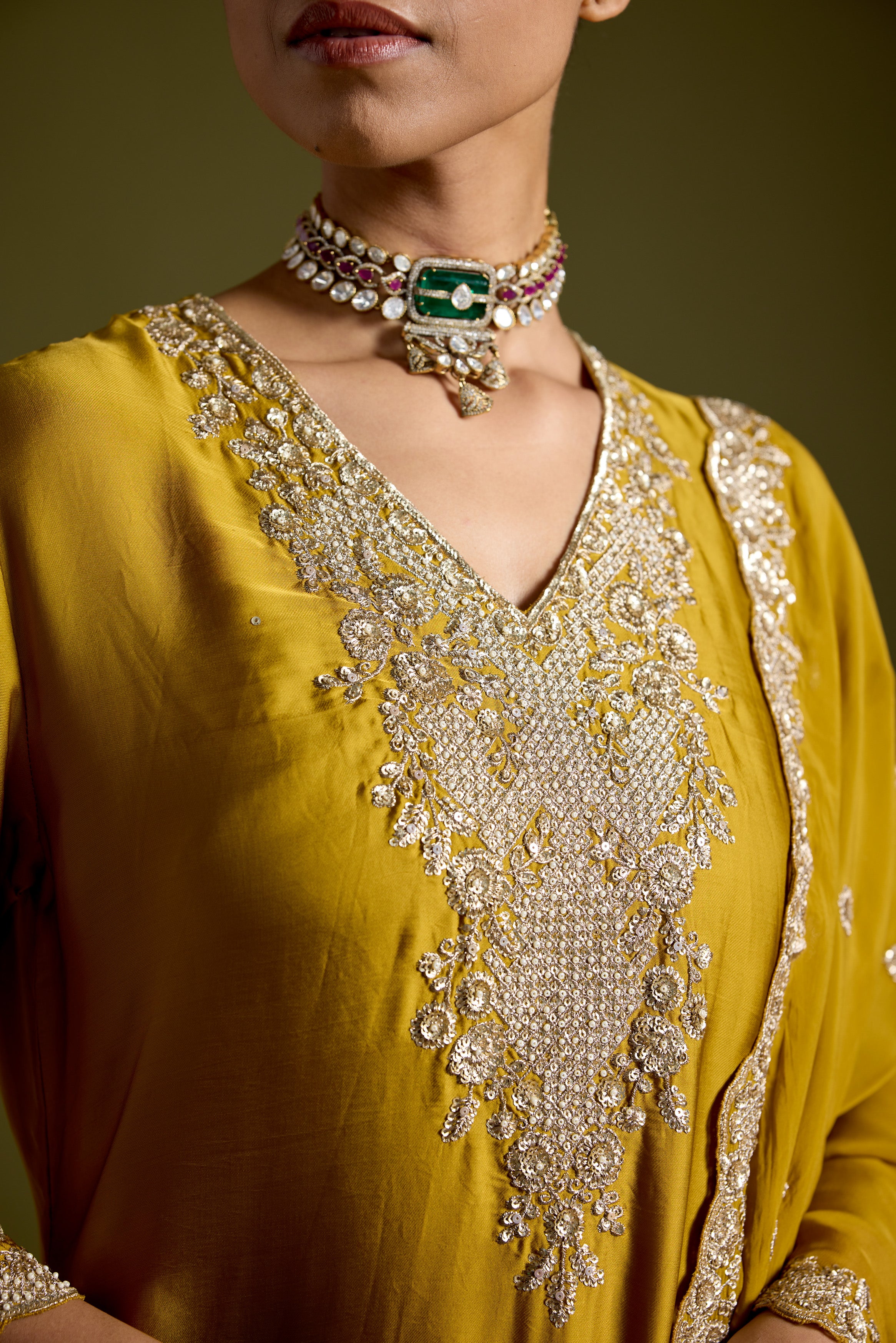Haldi Yellow Embellished Satin Silk Palazzo Set