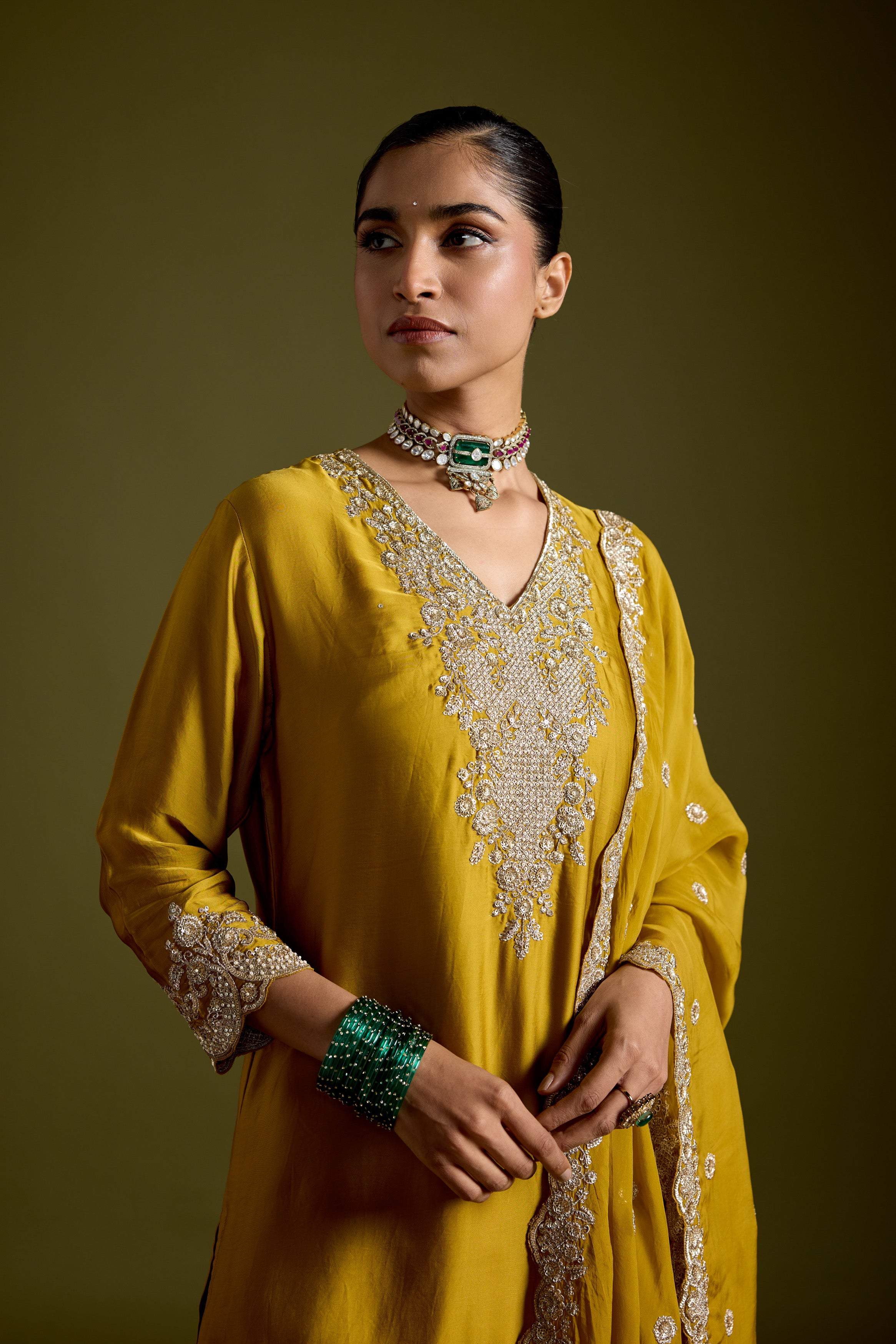 Haldi Yellow Embellished Satin Silk Palazzo Set