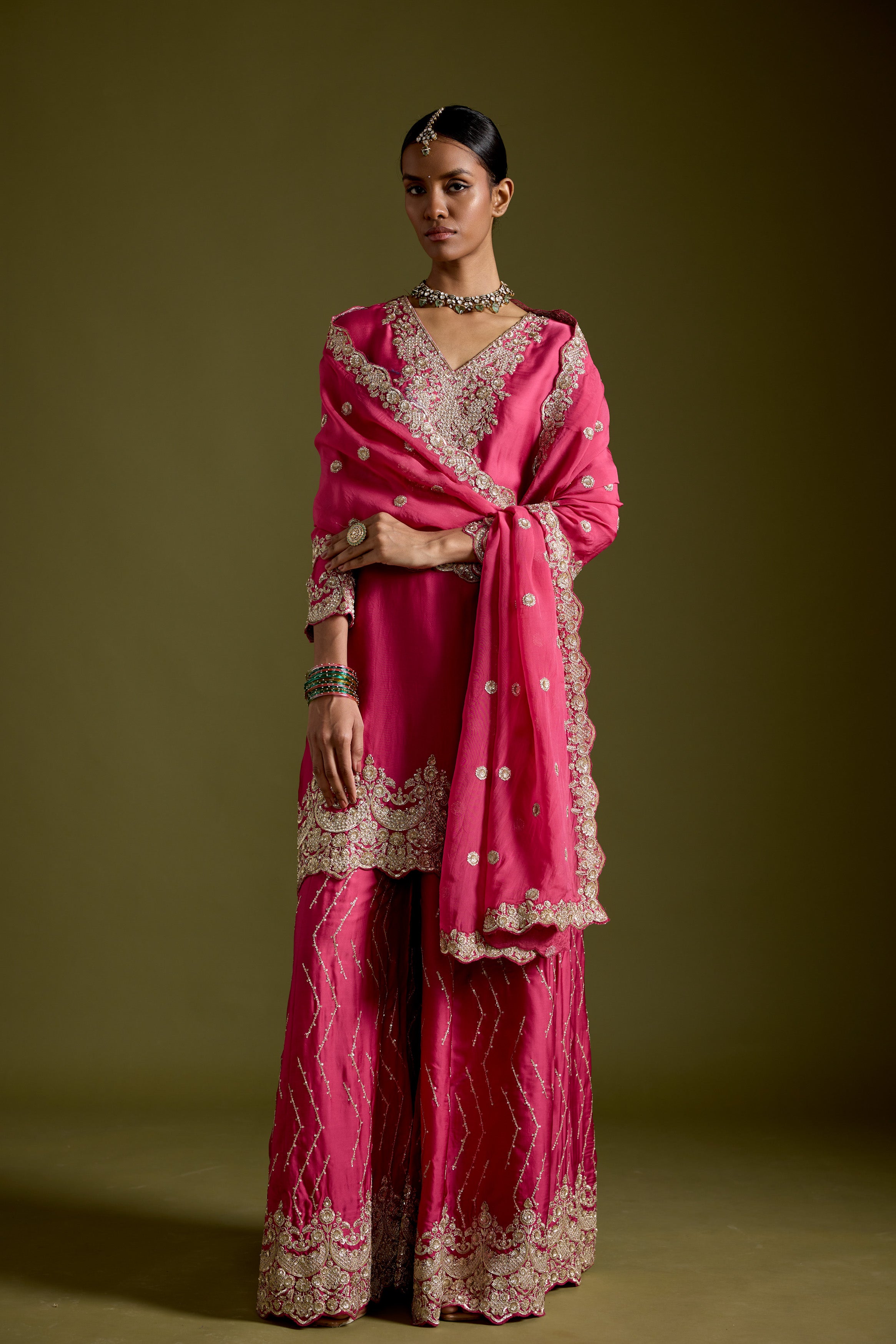 Magenta Flame Embellished Satin Silk Palazzo Set