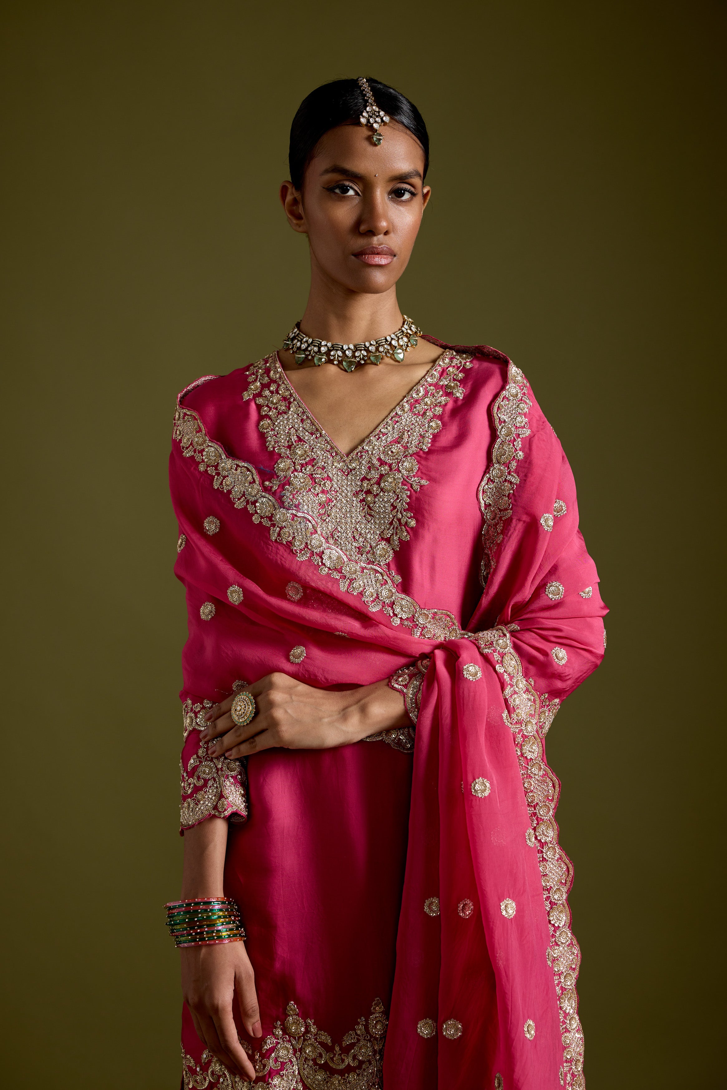 Magenta Flame Embellished Satin Silk Palazzo Set