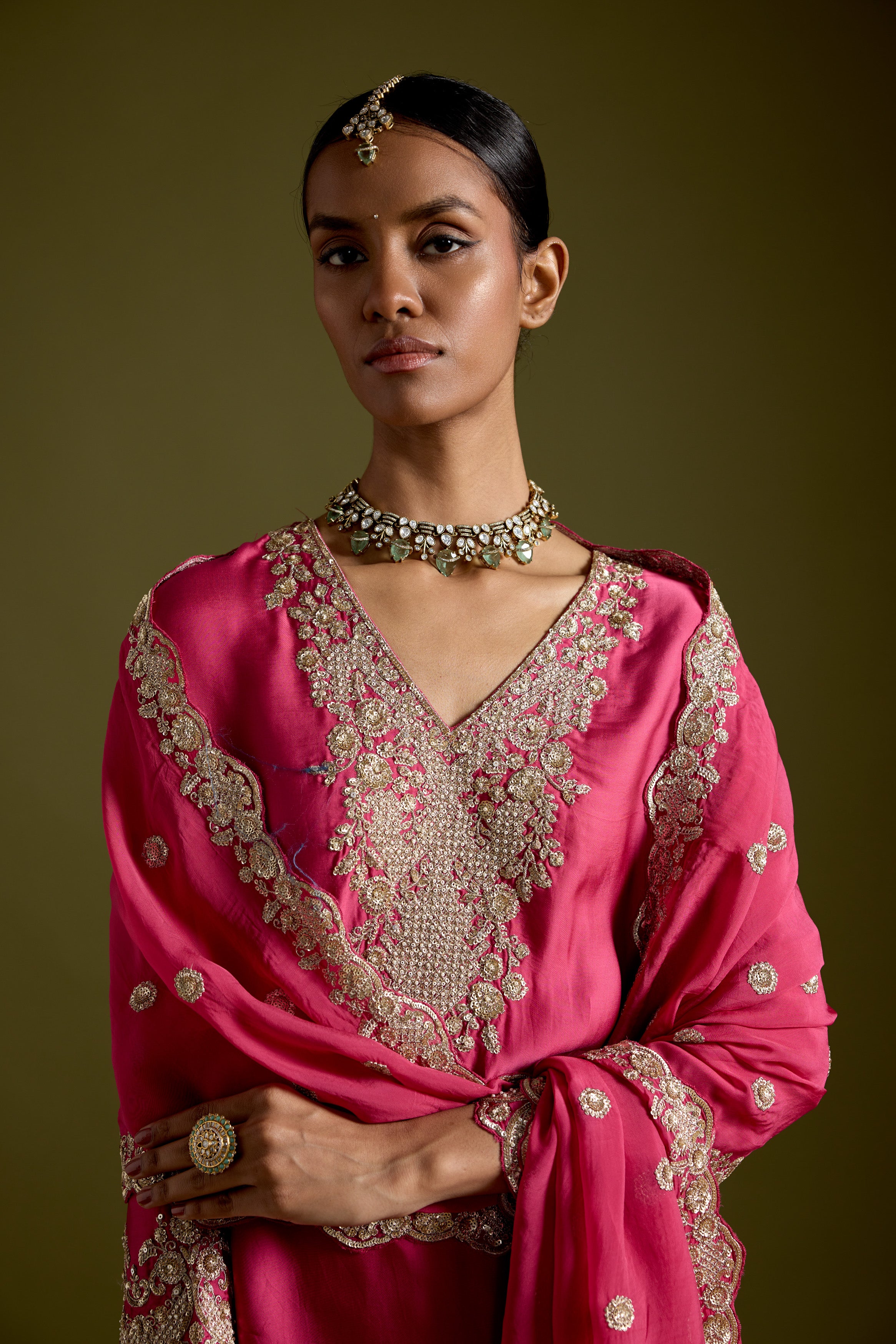 Magenta Flame Embellished Satin Silk Palazzo Set