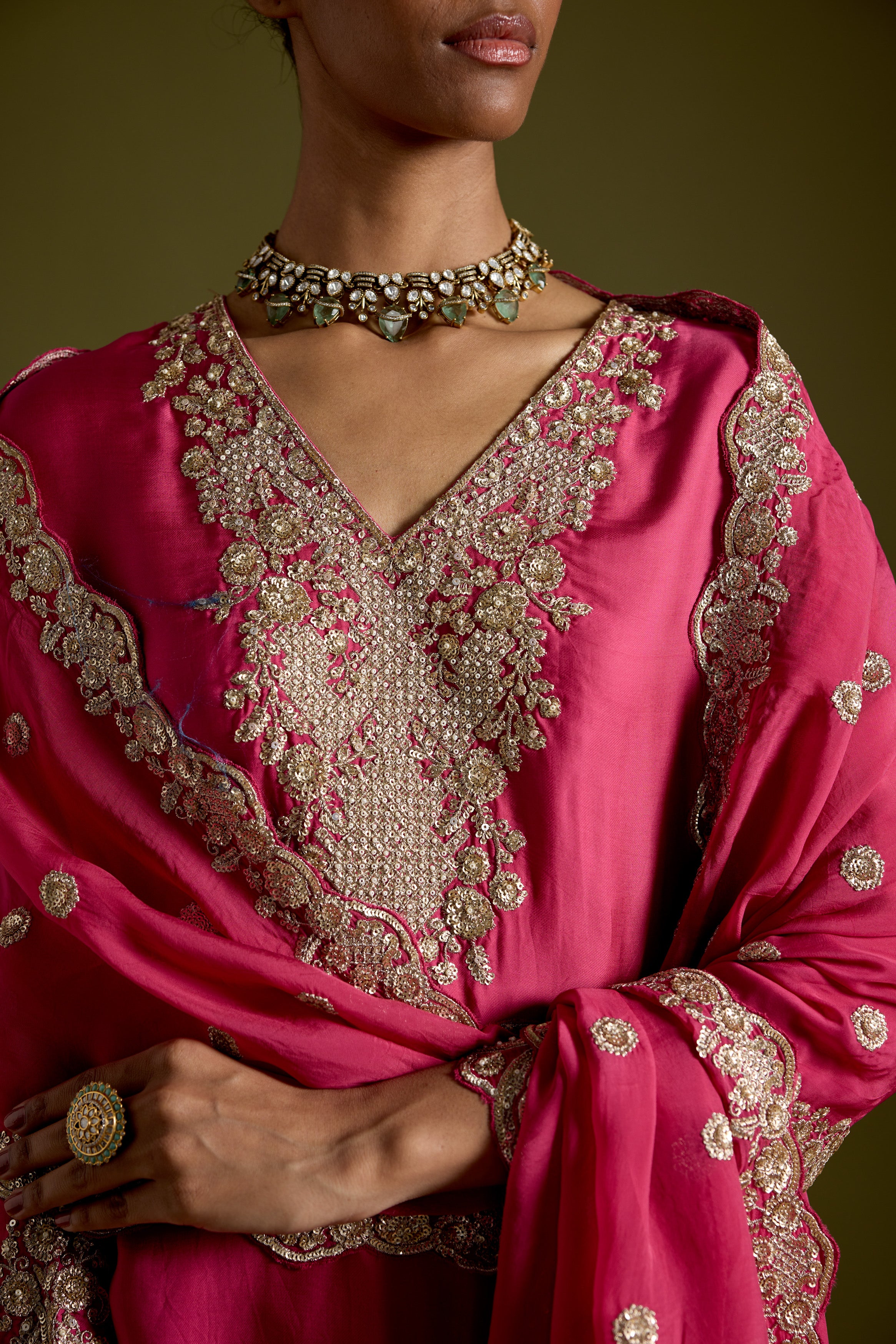 Magenta Flame Embellished Satin Silk Palazzo Set