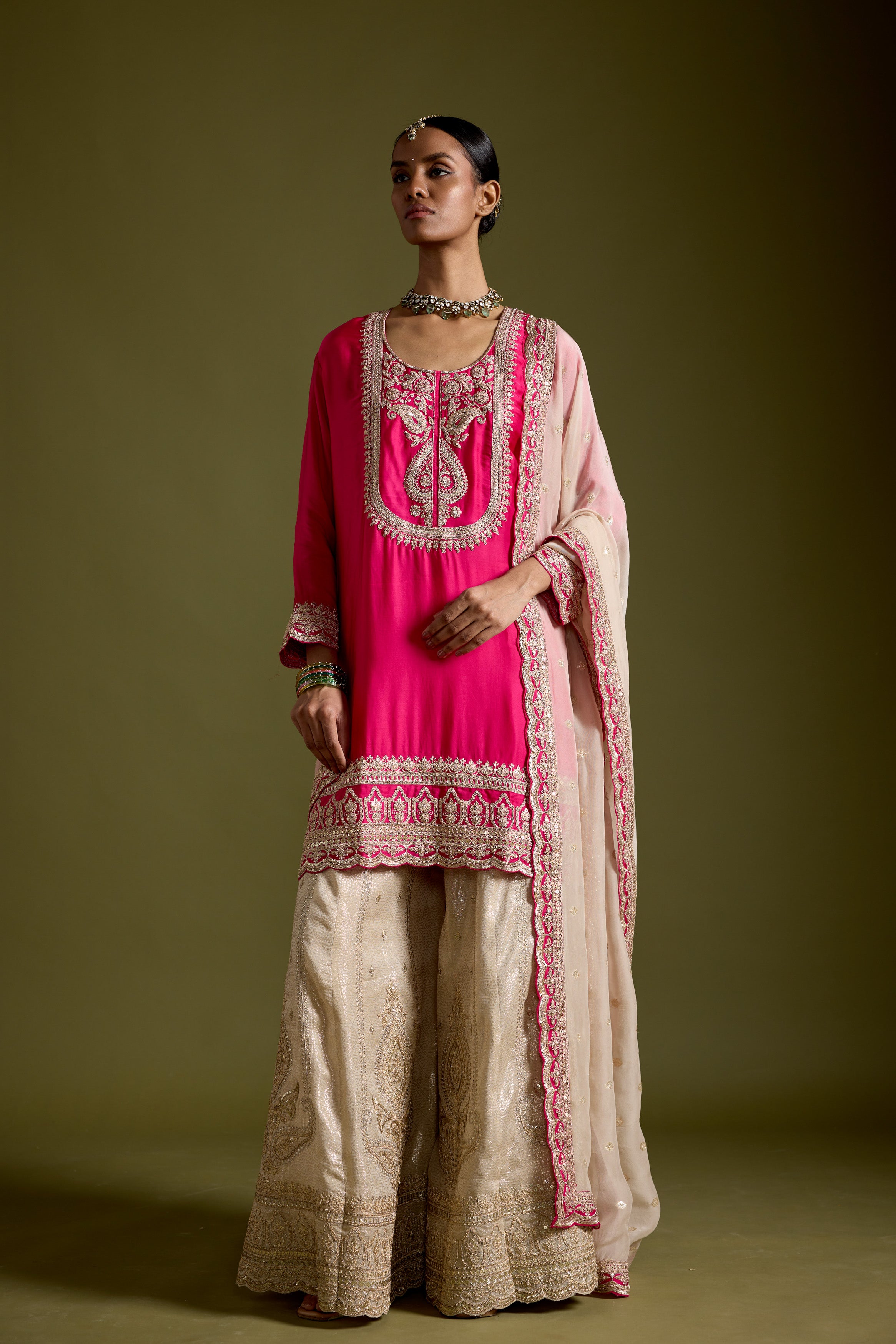 Pink Embellished Satin Silk Sharara Set