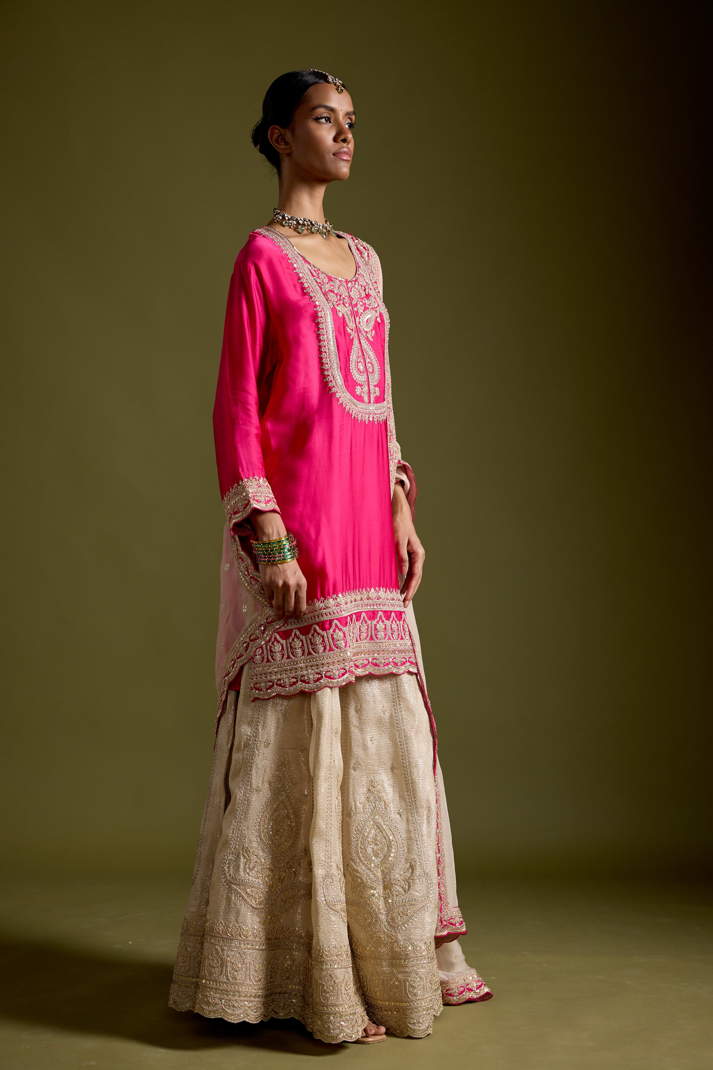 Pink Embellished Satin Silk Sharara Set