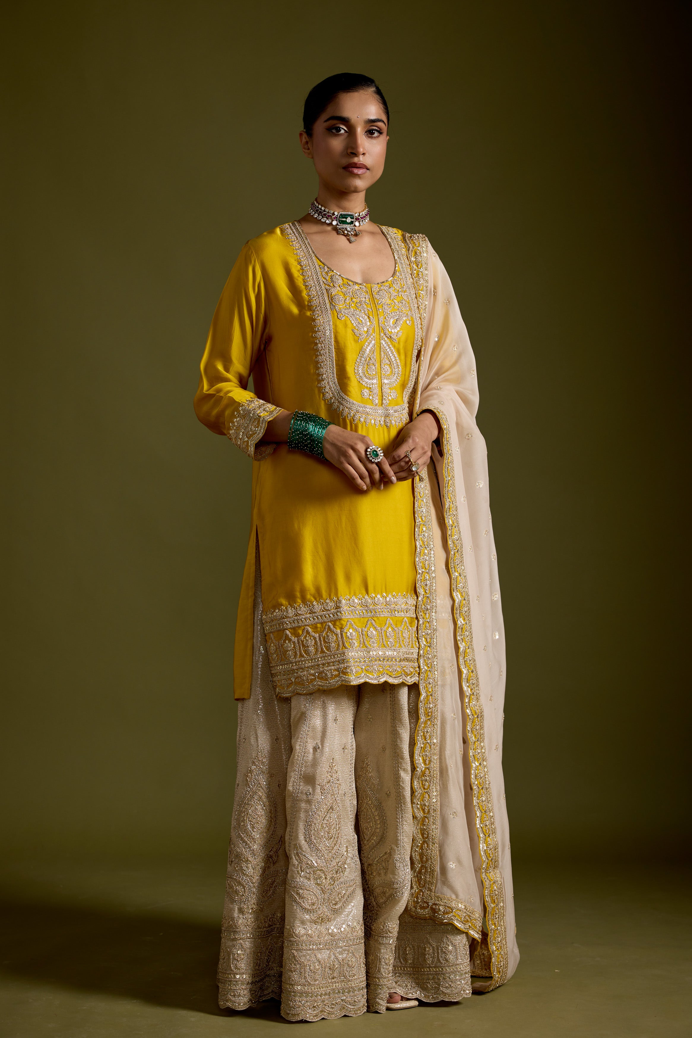 Yellow Embellished Satin Silk Sharara Set