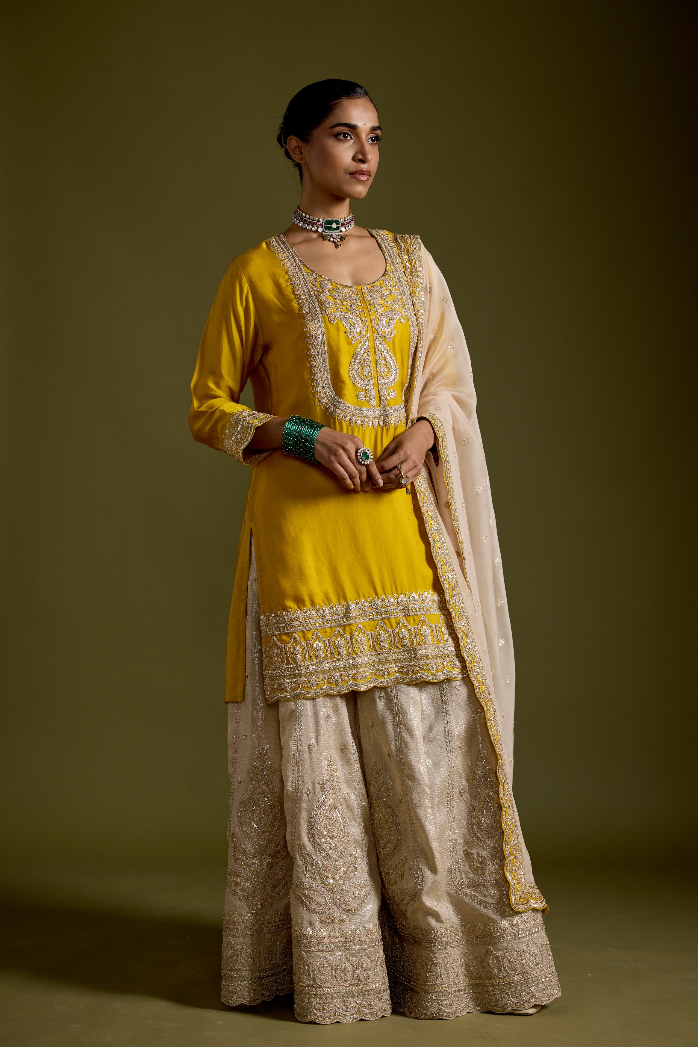 Yellow Embellished Satin Silk Sharara Set
