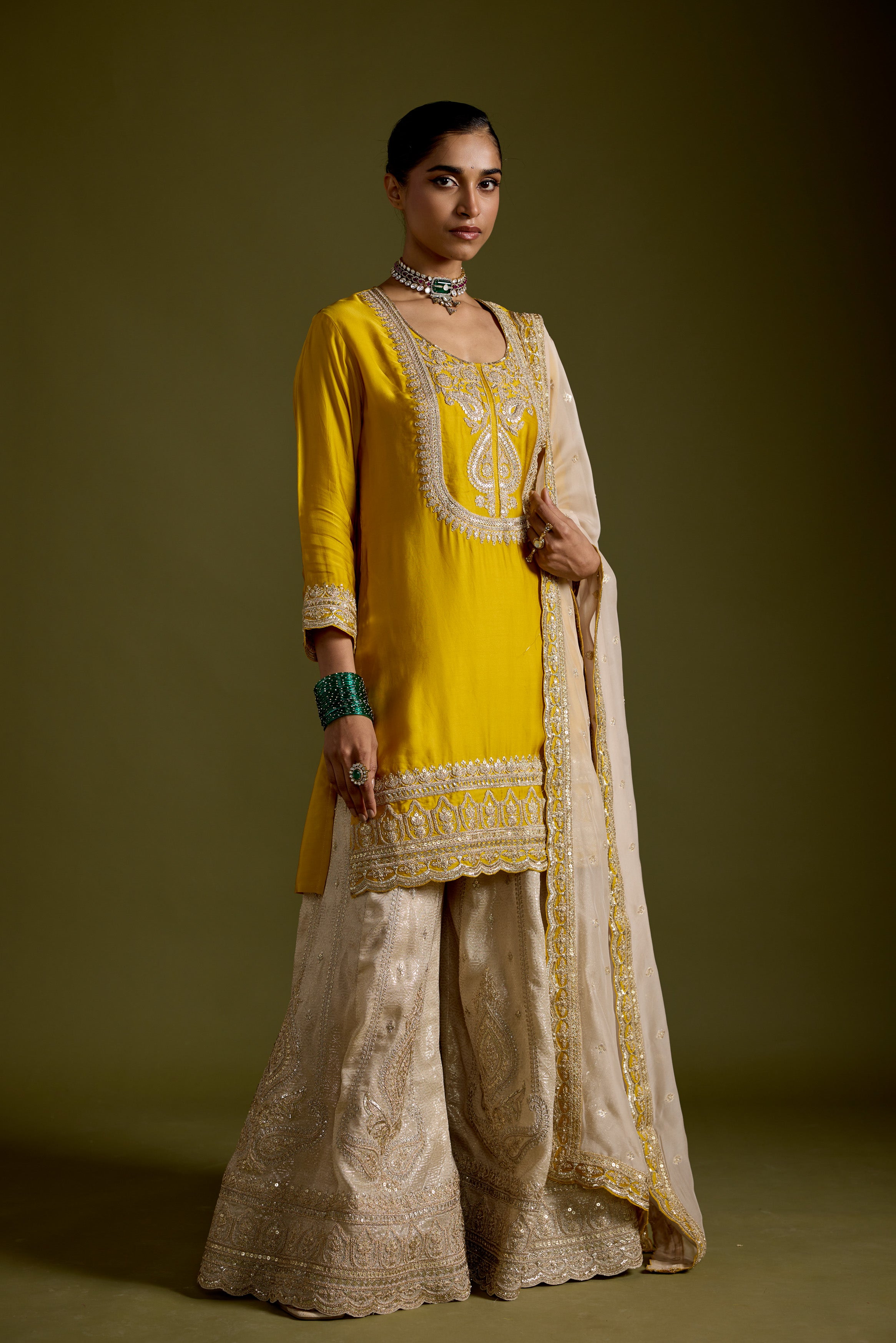 Yellow Embellished Satin Silk Sharara Set