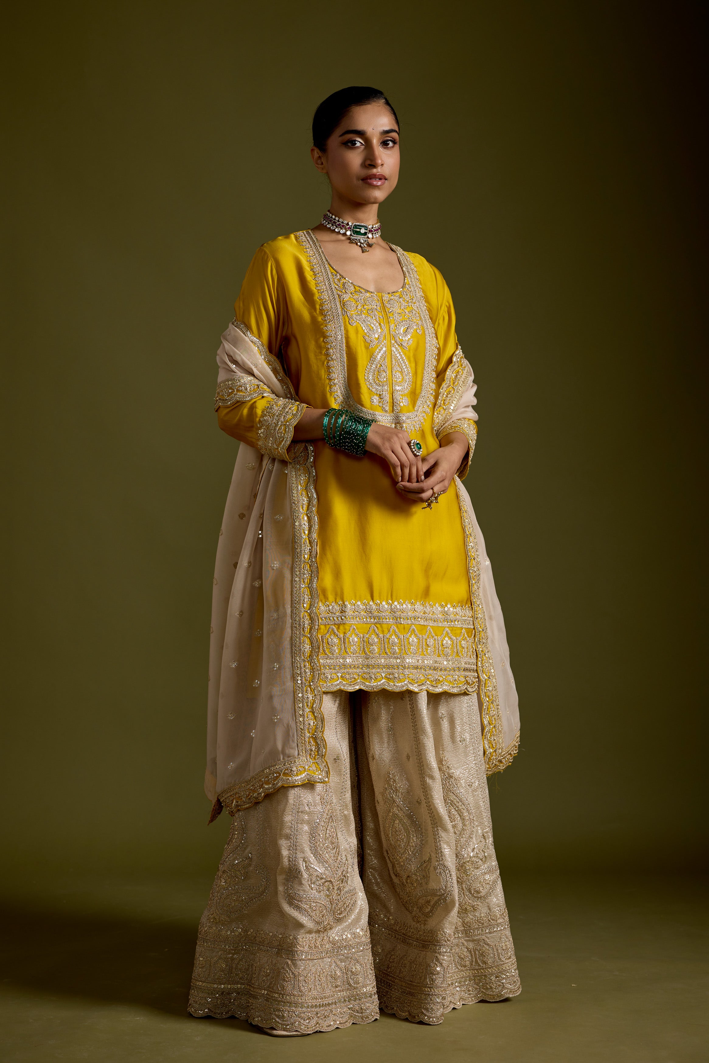 Yellow Embellished Satin Silk Sharara Set