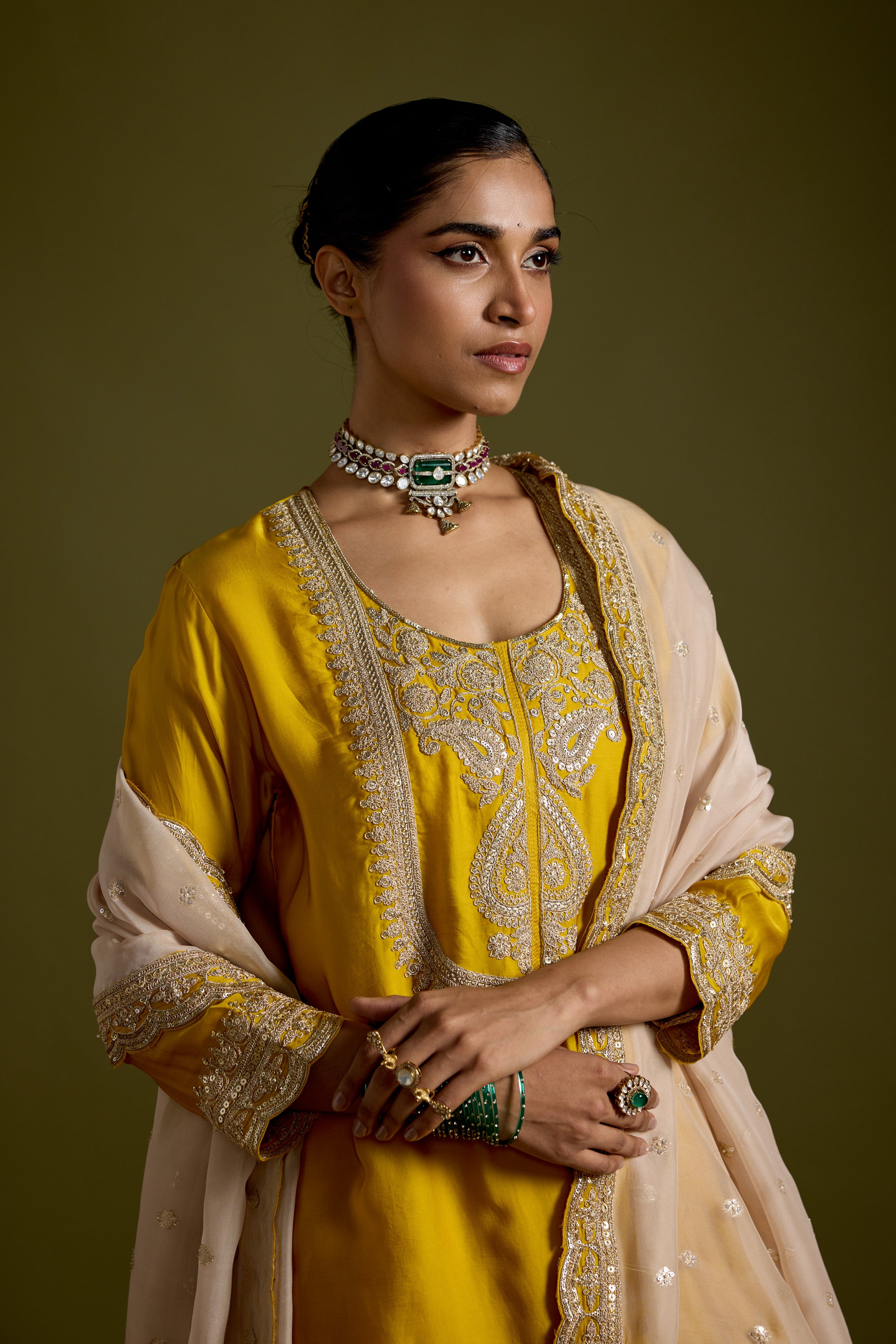 Yellow Embellished Satin Silk Sharara Set