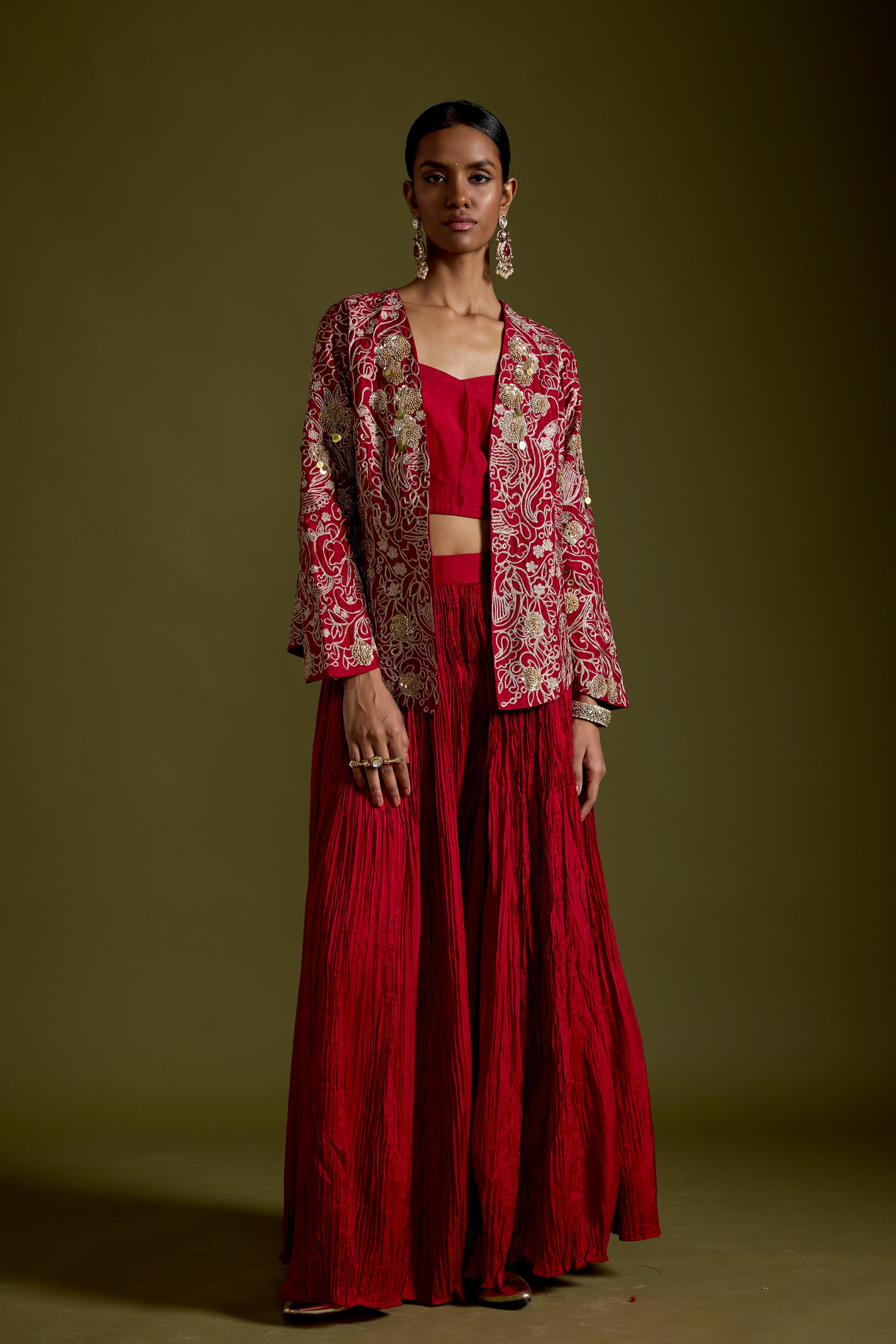 Crimson Red Embellished Organic Cotton Palazzo Set