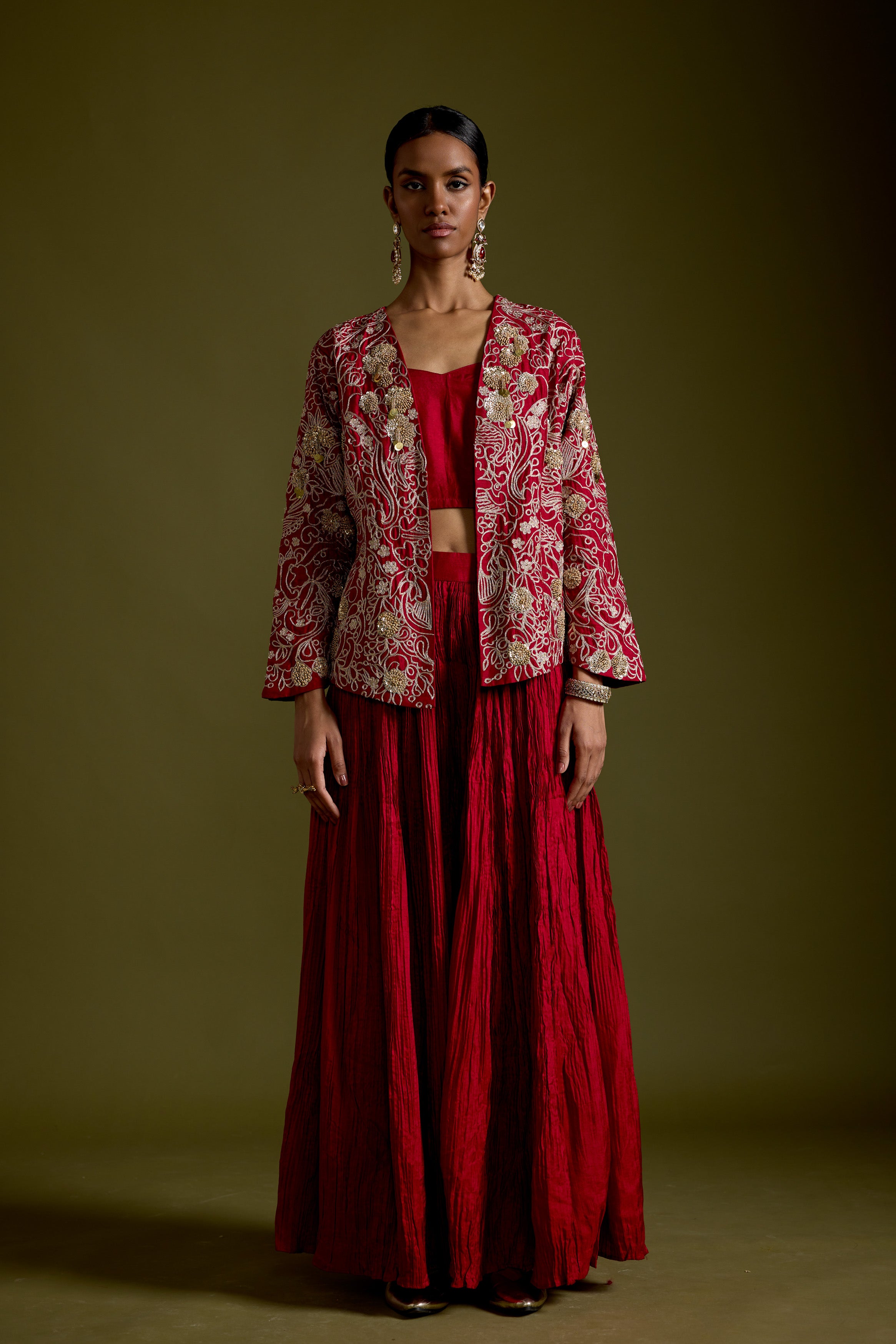 Crimson Red Embellished Organic Cotton Palazzo Set