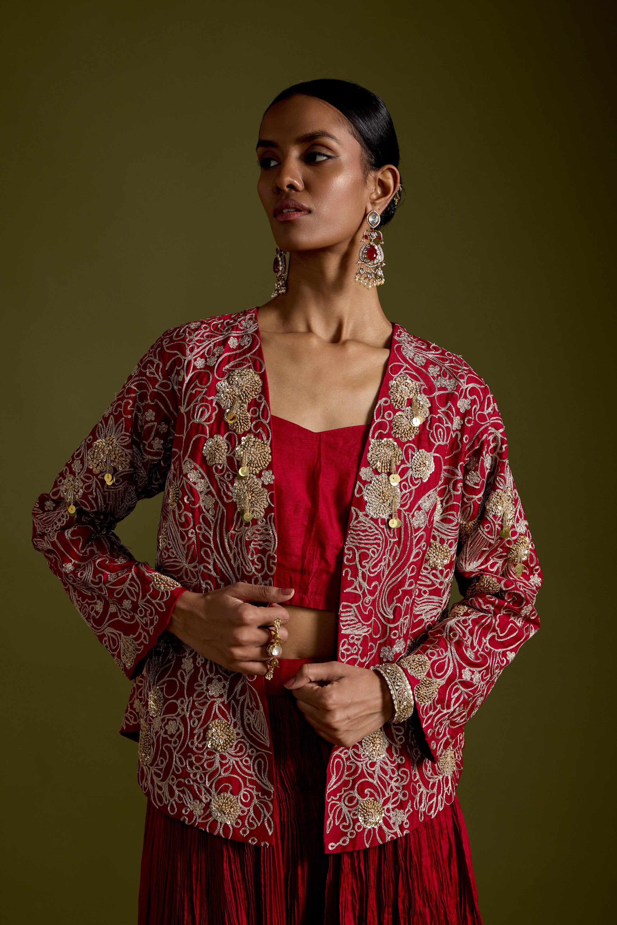 Crimson Red Embellished Organic Cotton Palazzo Set