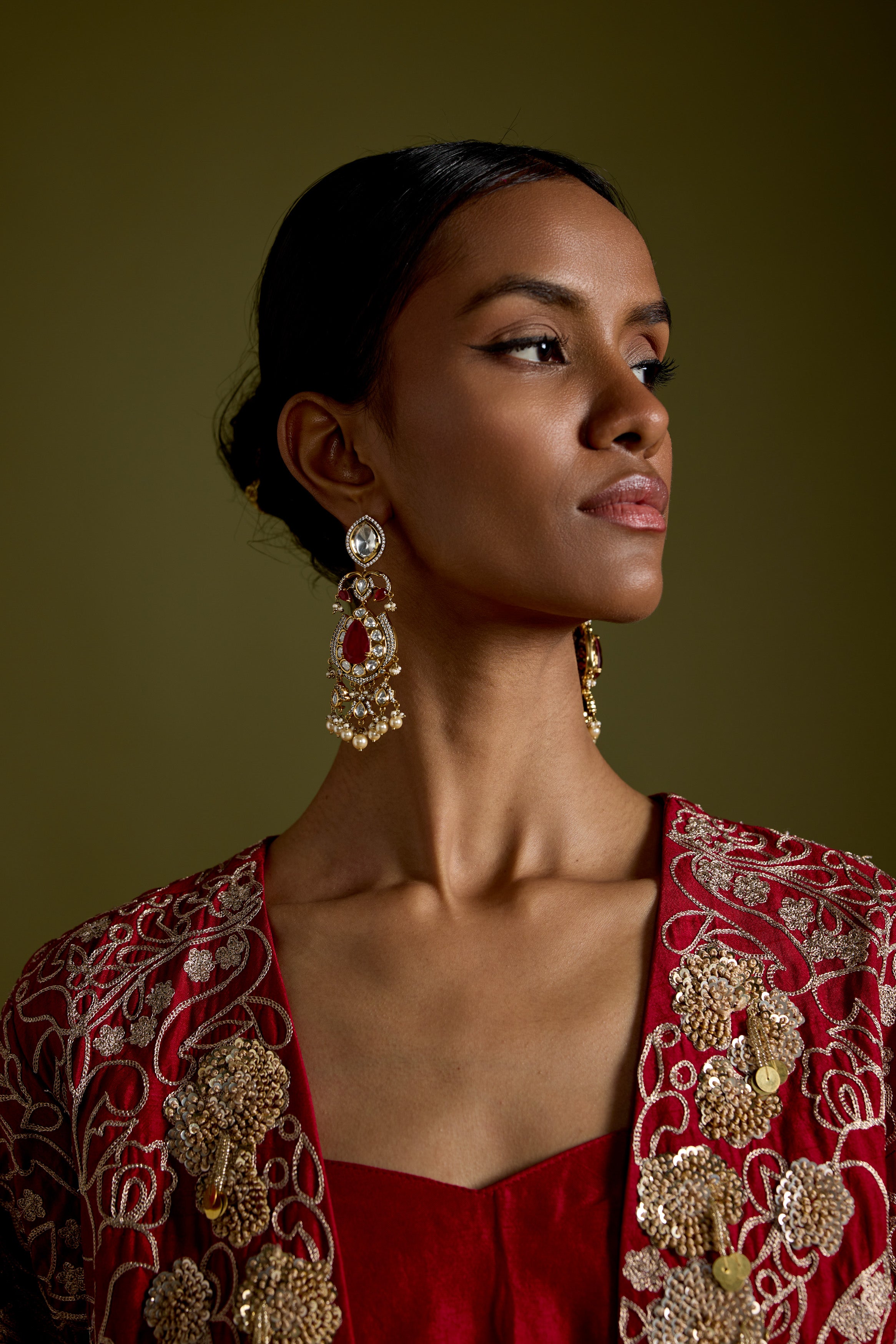 Crimson Red Embellished Organic Cotton Palazzo Set