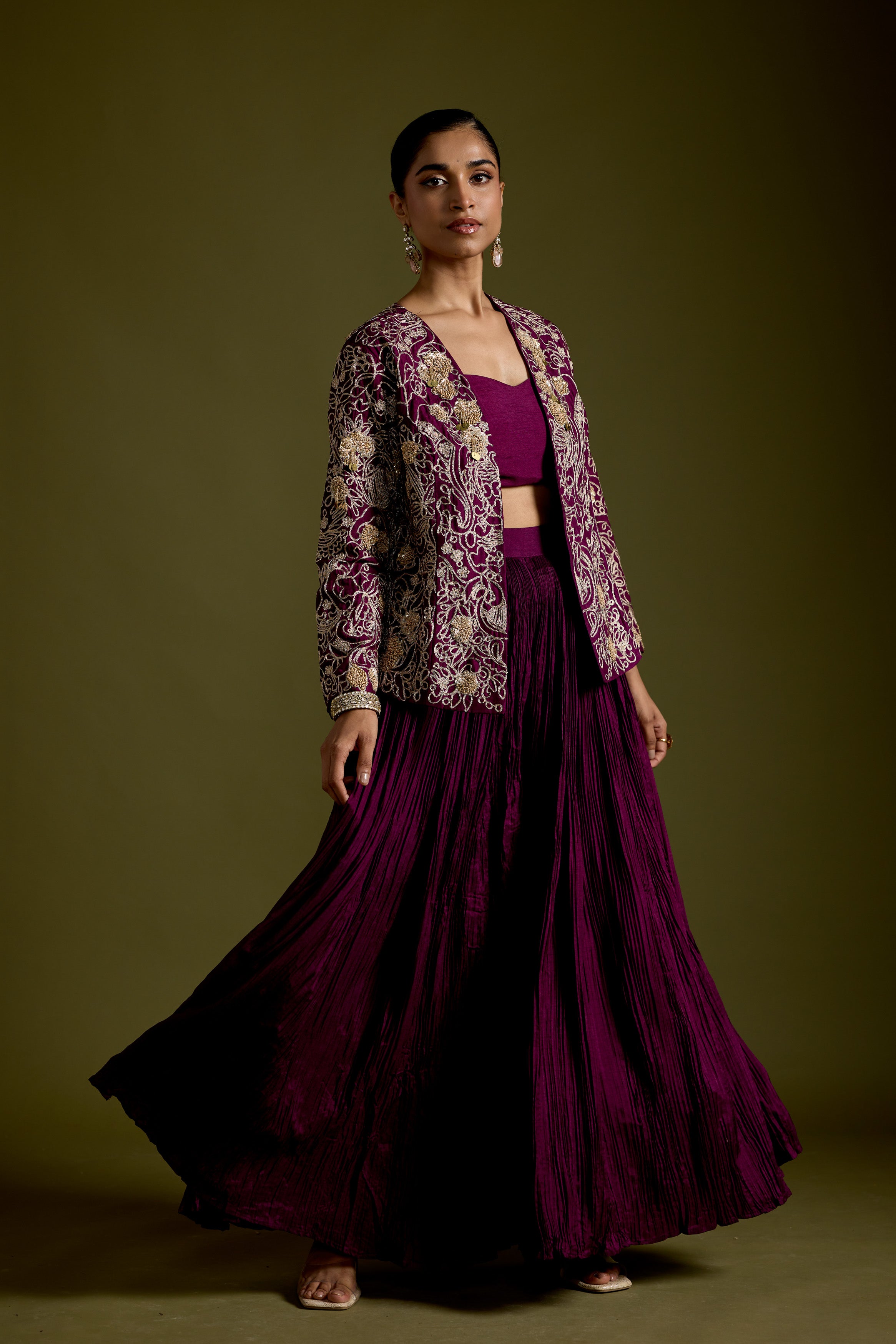 Dark Purple Embellished Organic Cotton Palazzo Set