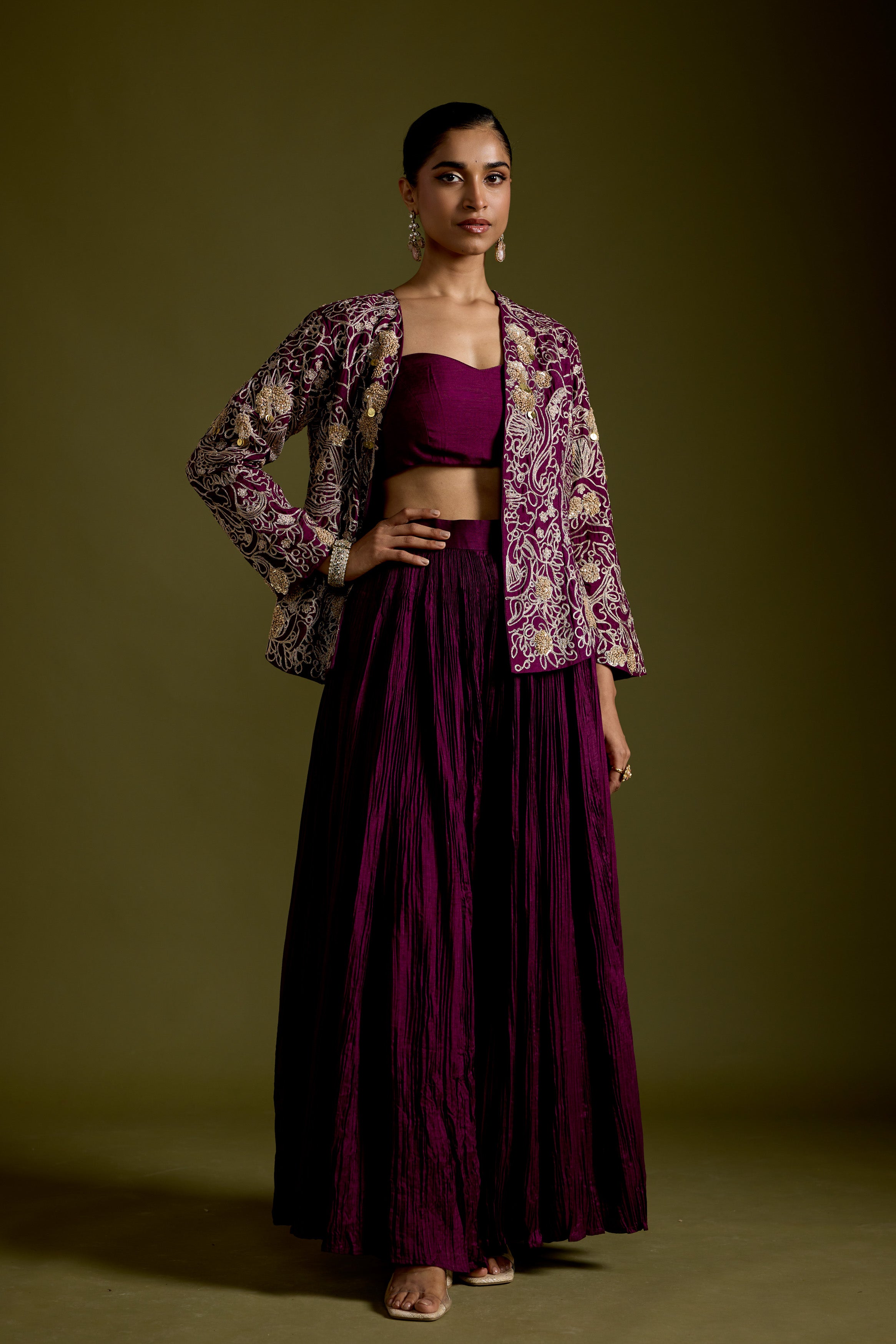 Dark Purple Embellished Organic Cotton Palazzo Set