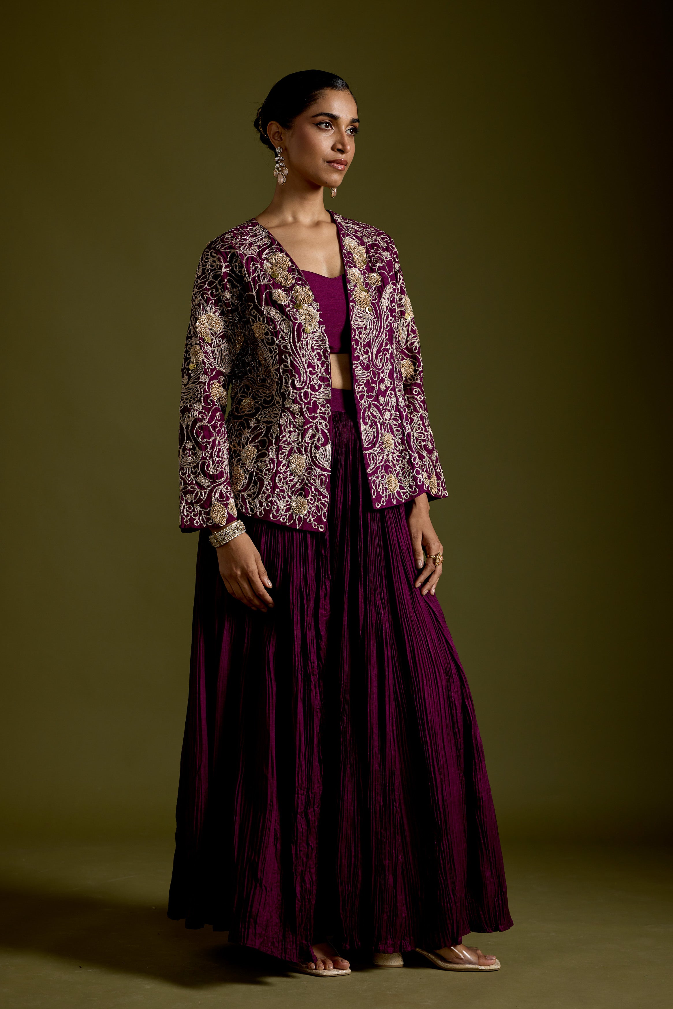 Dark Purple Embellished Organic Cotton Palazzo Set