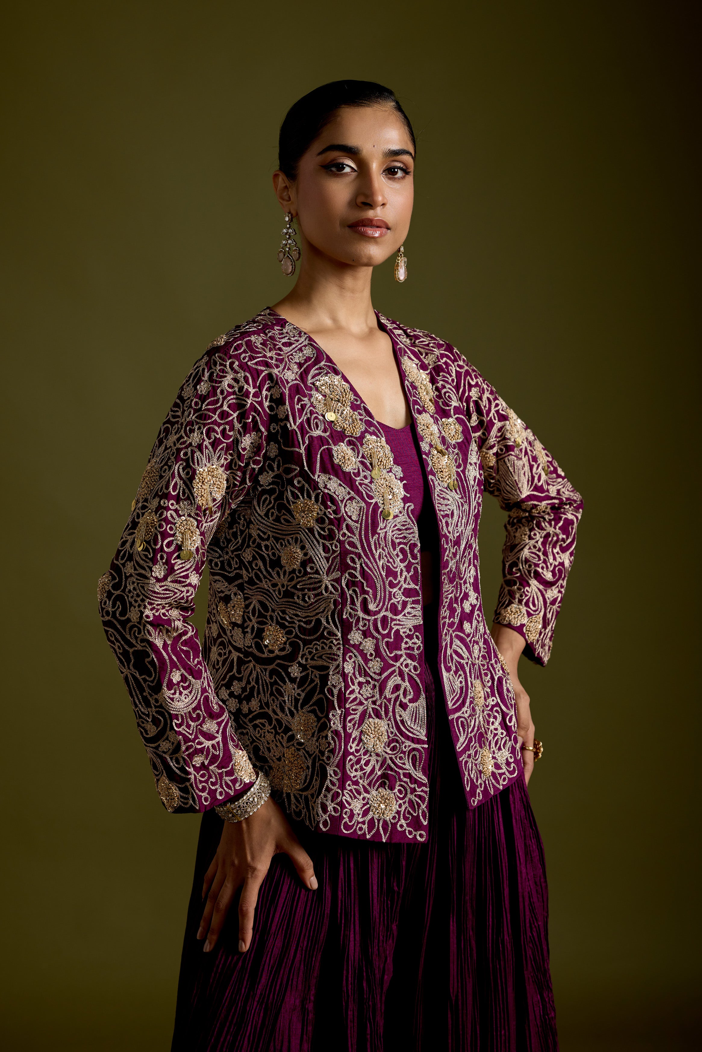Dark Purple Embellished Organic Cotton Palazzo Set