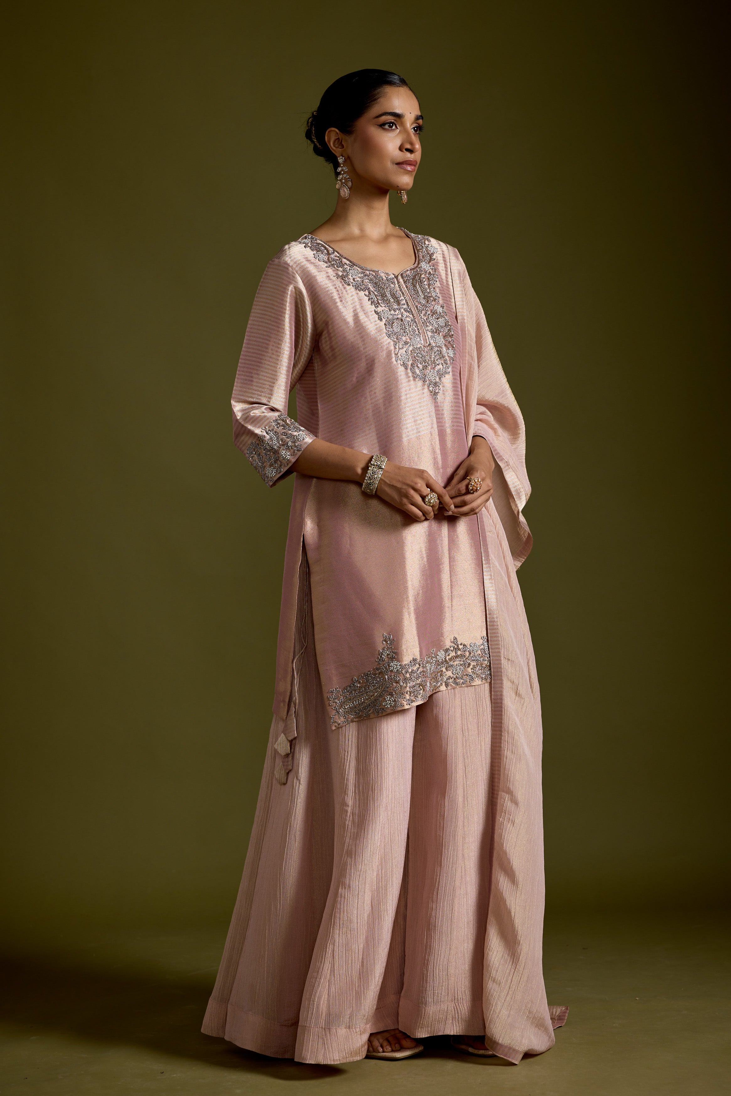 Blush Pink Embellished Shimmer Chinon Silk Palazzo Set