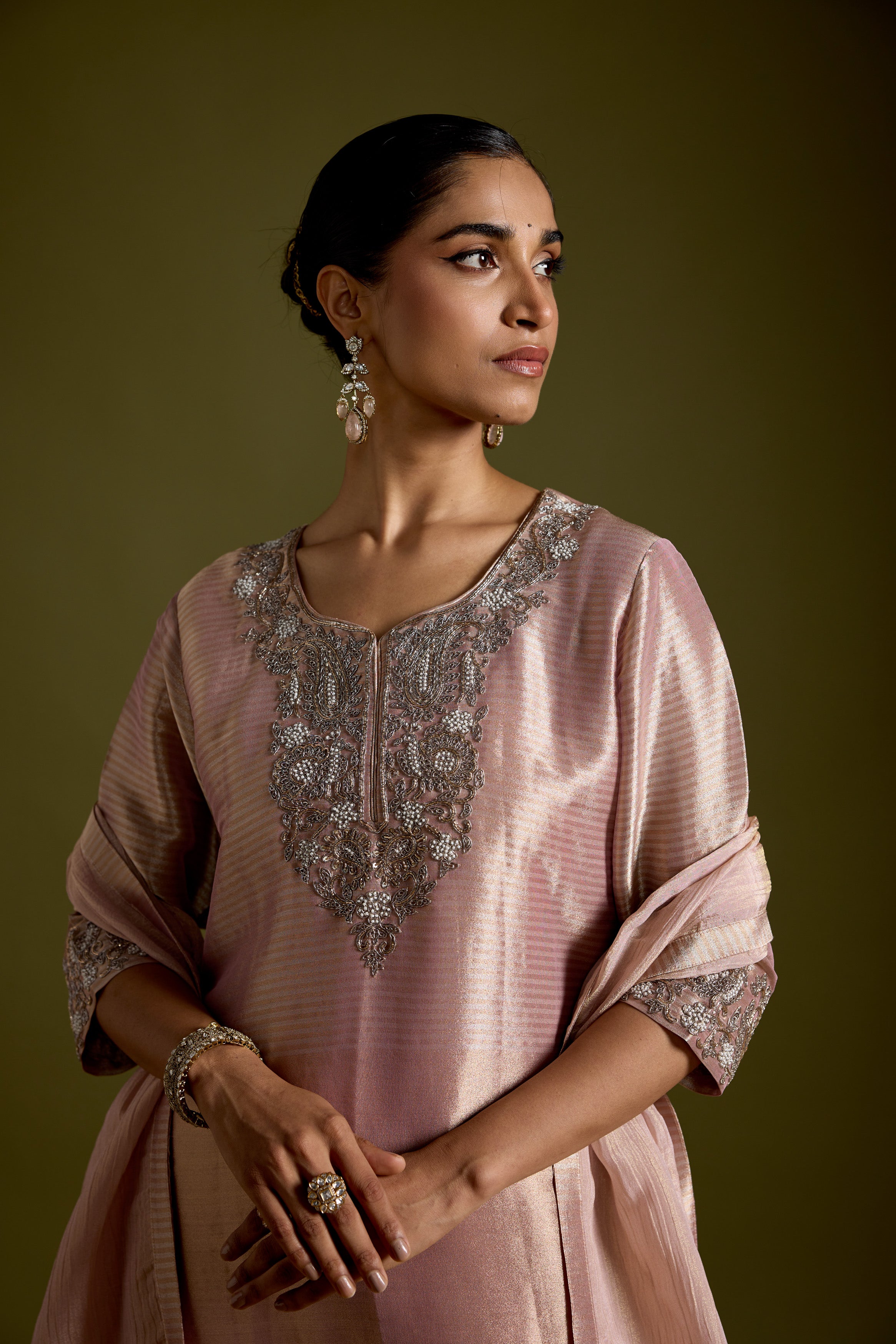 Blush Pink Embellished Shimmer Chinon Silk Palazzo Set