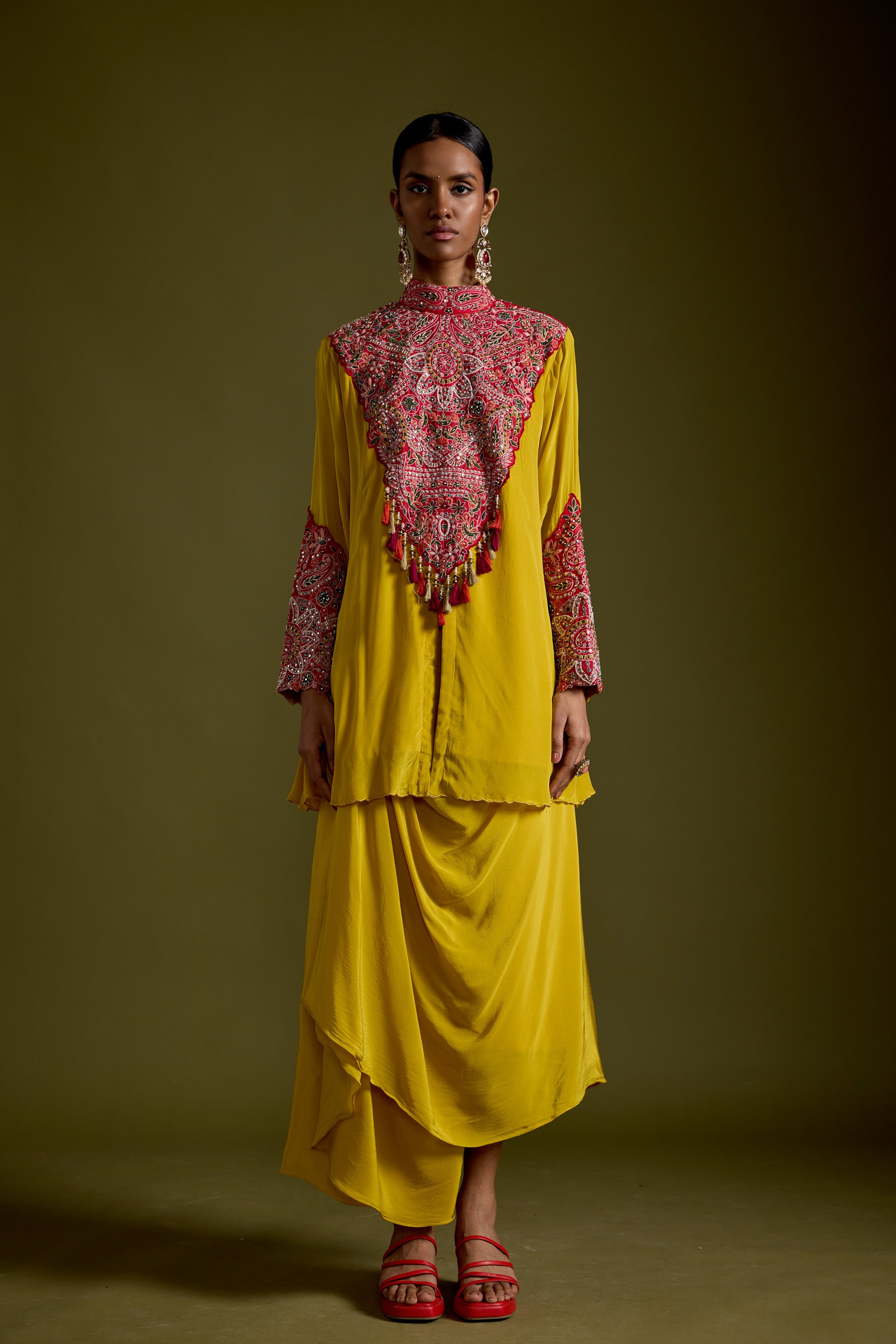 Saffron Yellow Embellished Chinon Silk Skirt Set