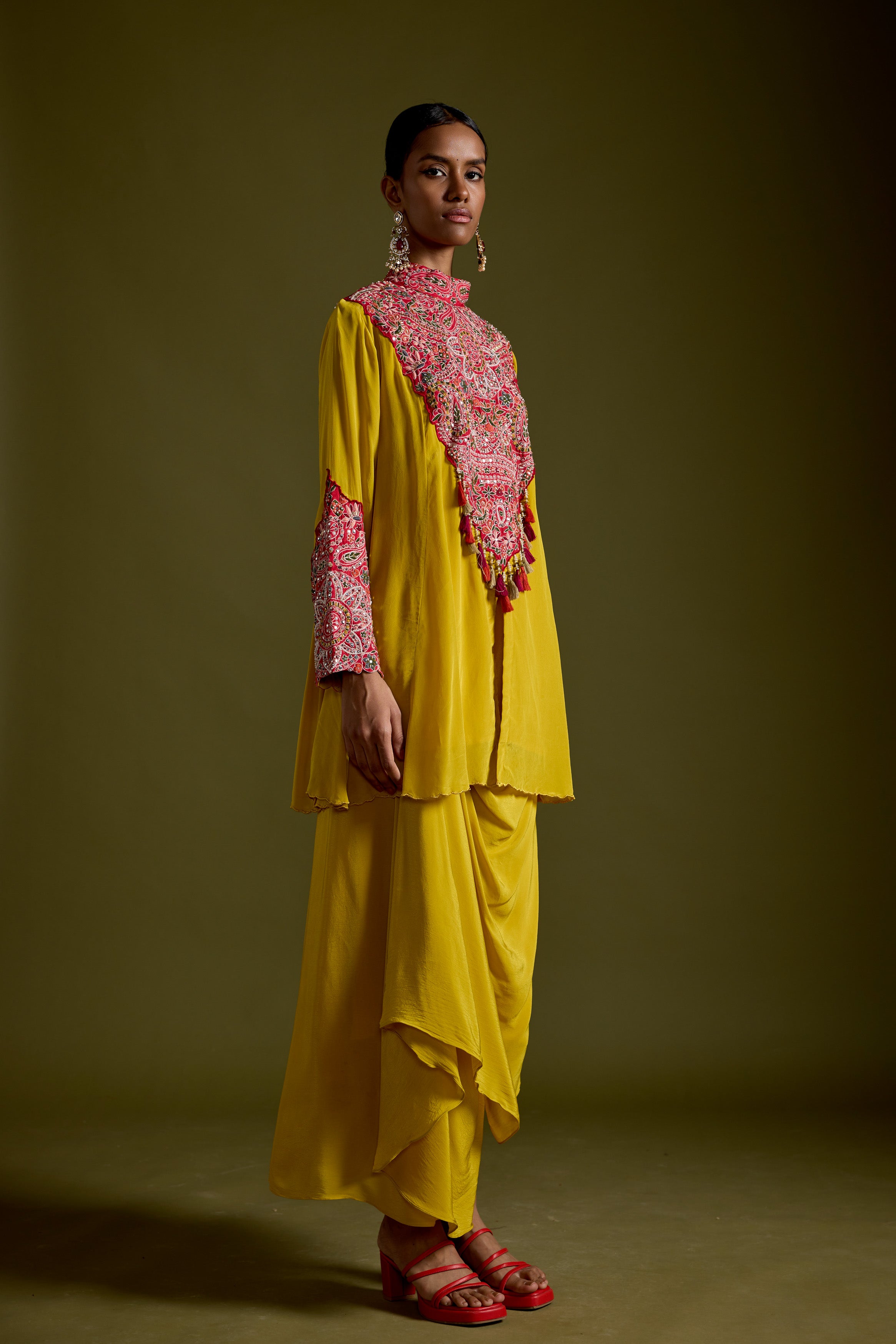 Saffron Yellow Embellished Chinon Silk Skirt Set