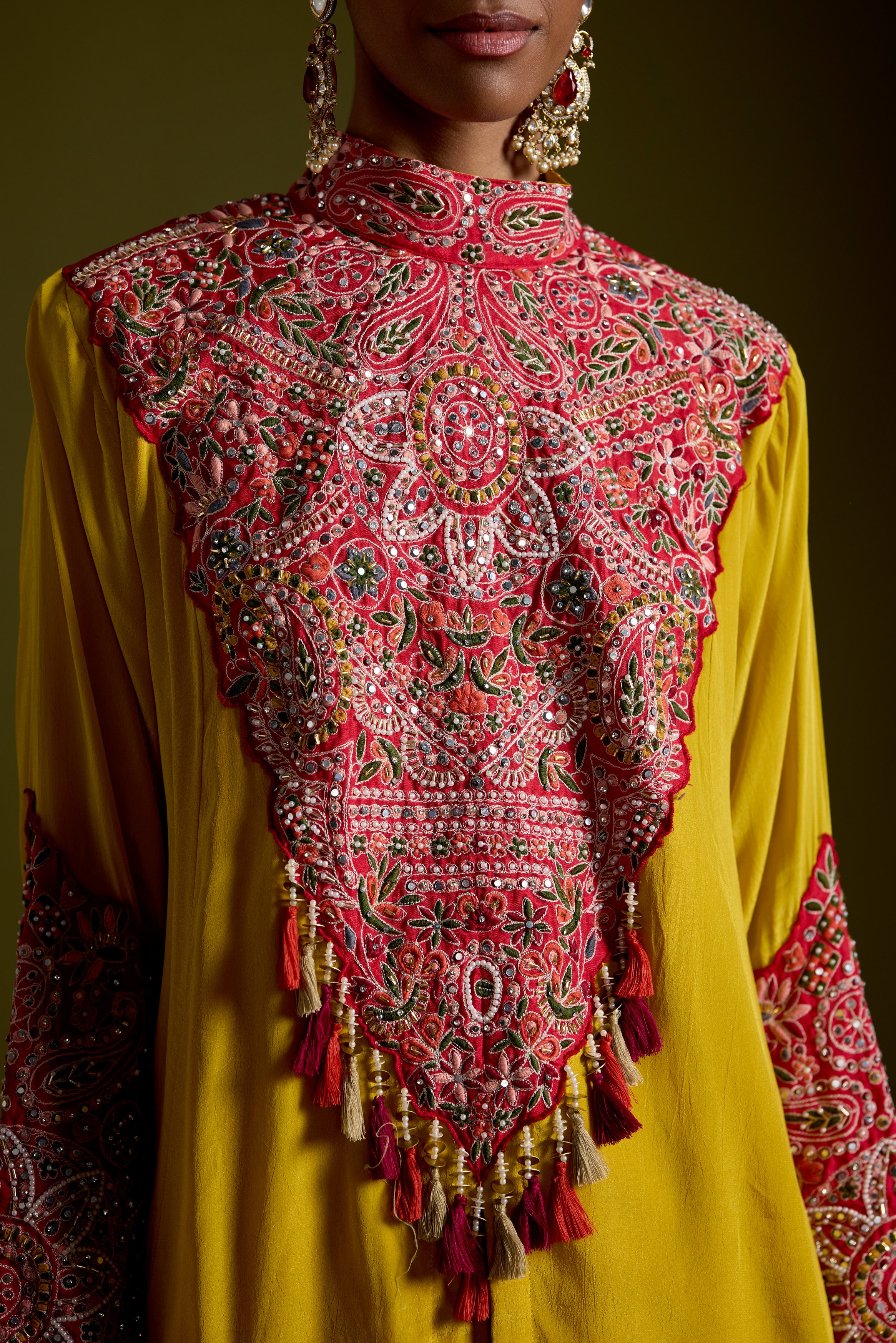 Saffron Yellow Embellished Chinon Silk Skirt Set