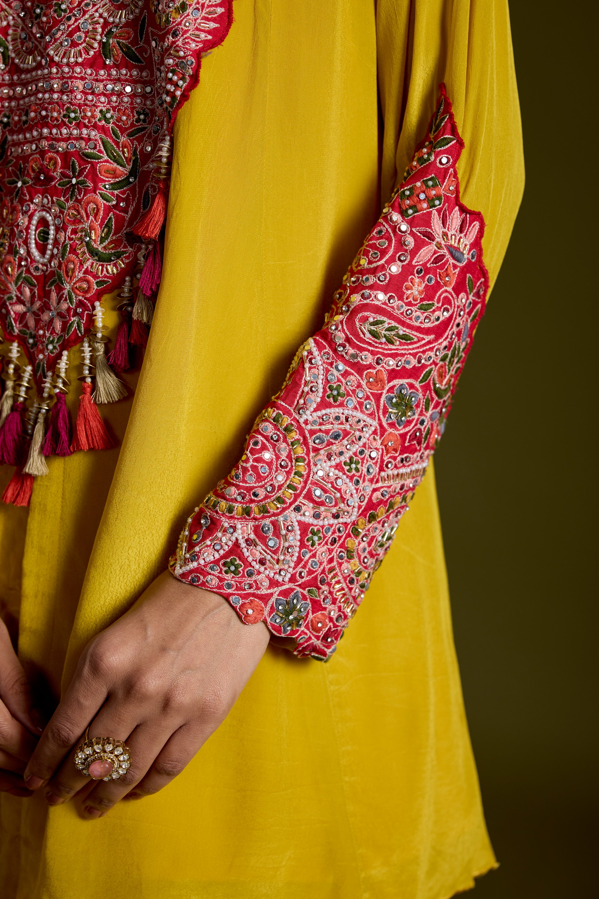 Saffron Yellow Embellished Chinon Silk Skirt Set