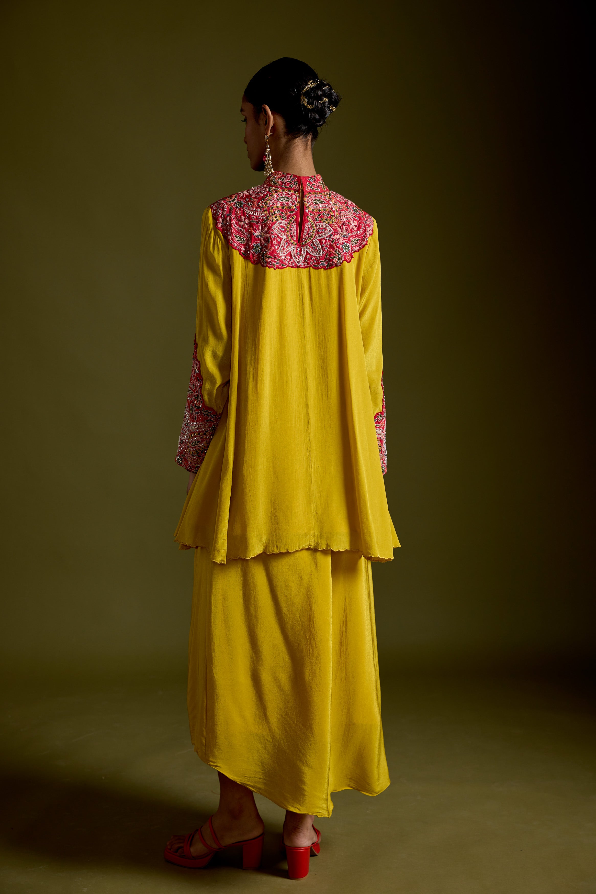Saffron Yellow Embellished Chinon Silk Skirt Set