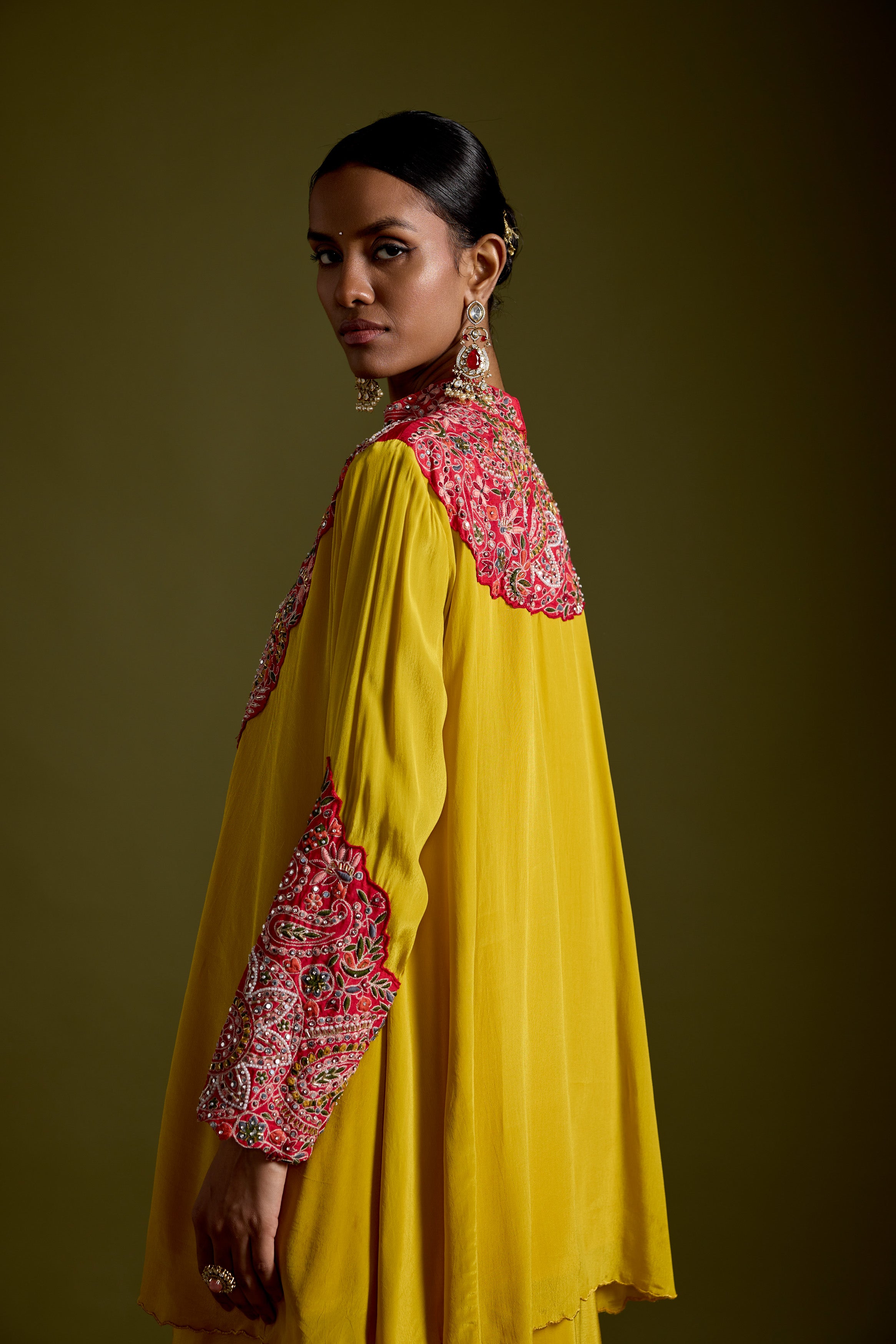 Saffron Yellow Embellished Chinon Silk Skirt Set