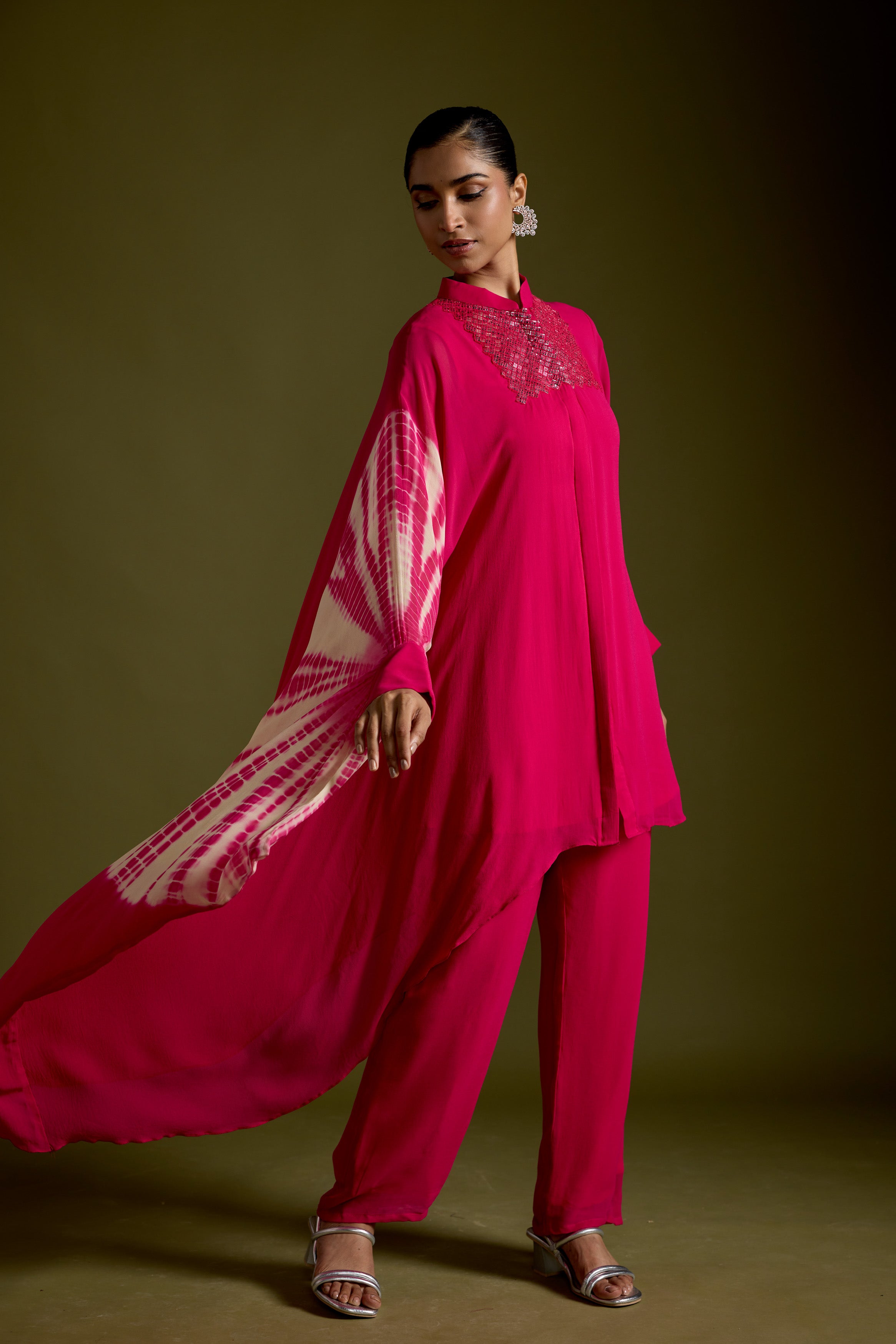 Magenta Pink Embellished Georgette Silk Kaftan Set