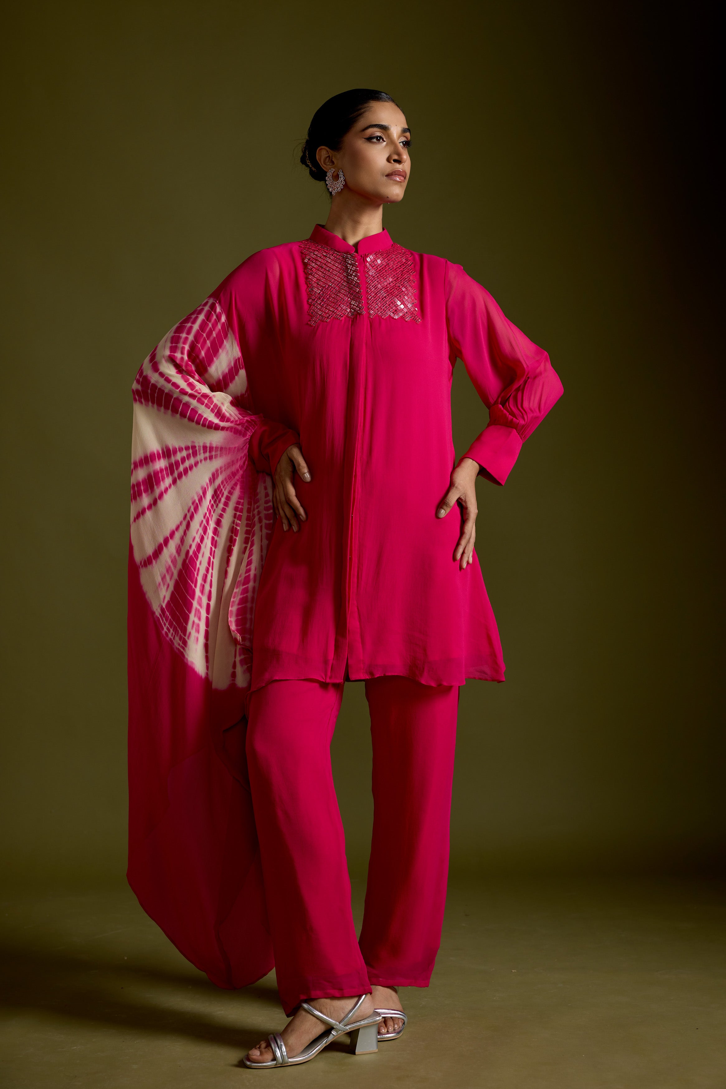 Magenta Pink Embellished Georgette Silk Kaftan Set