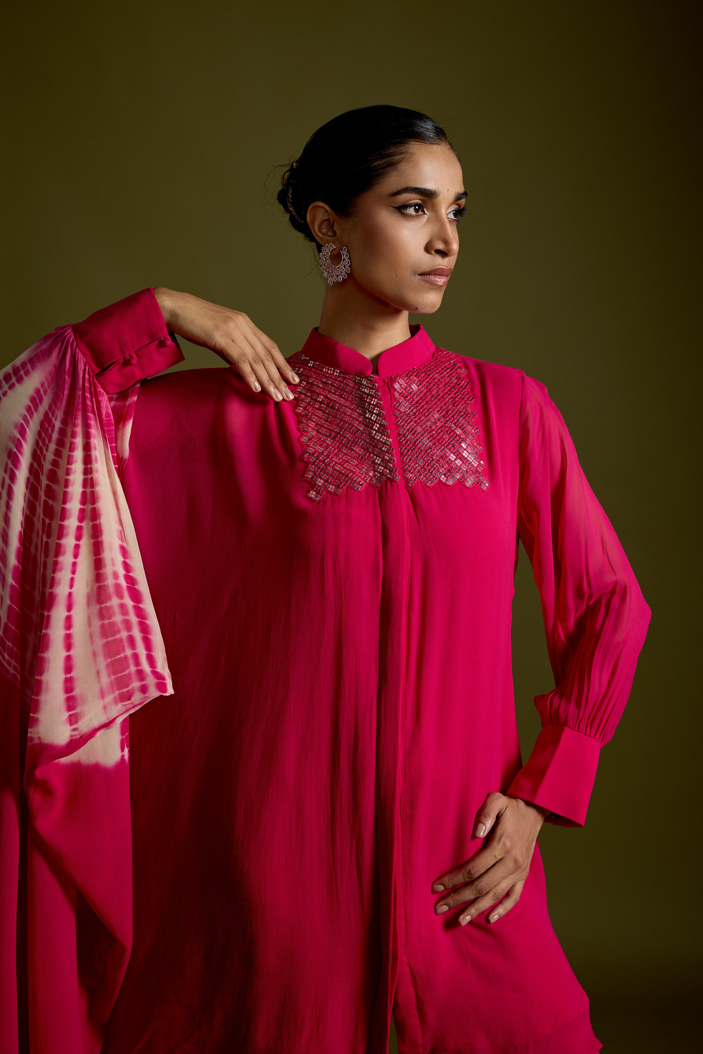 Magenta Pink Embellished Georgette Silk Kaftan Set