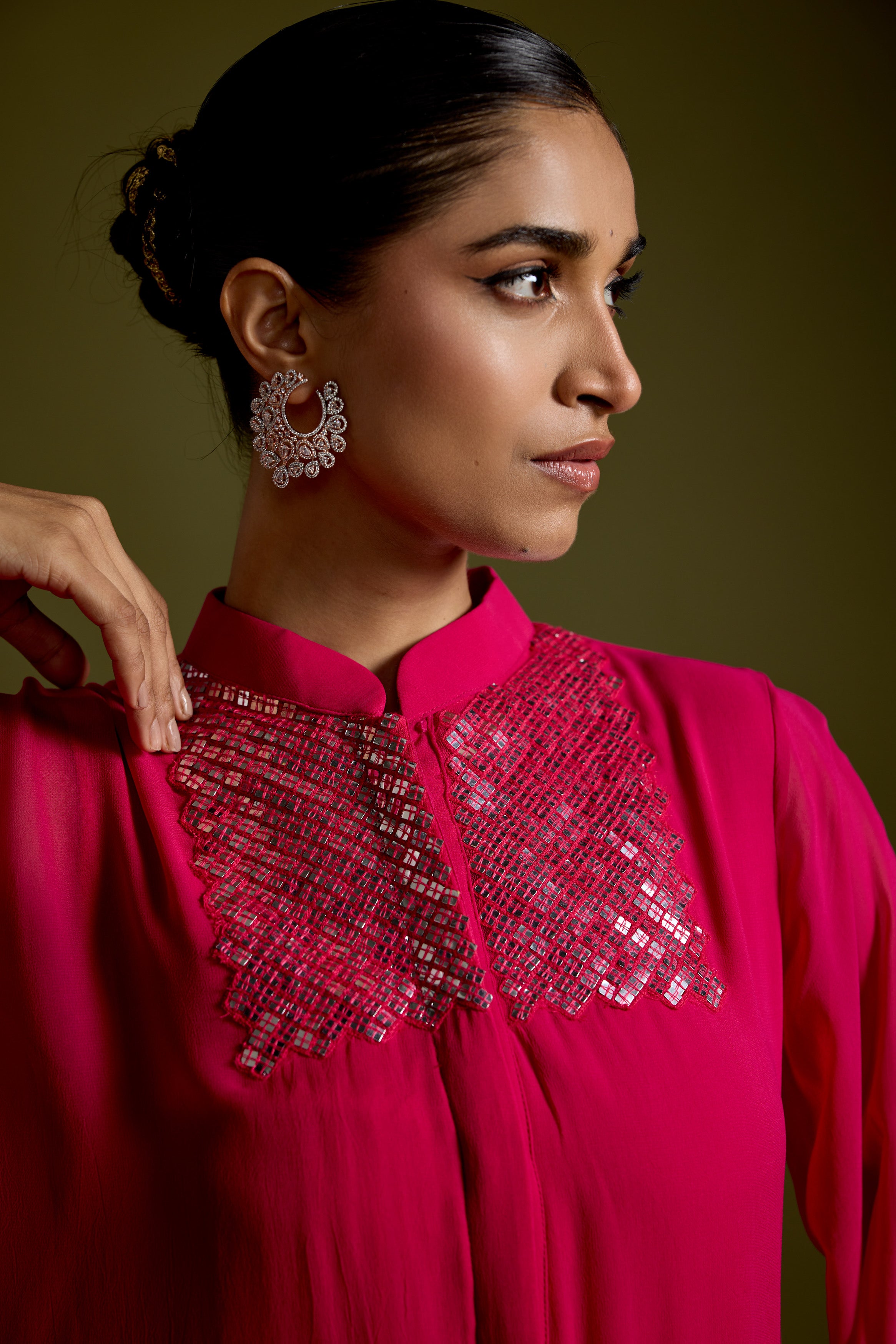 Magenta Pink Embellished Georgette Silk Kaftan Set