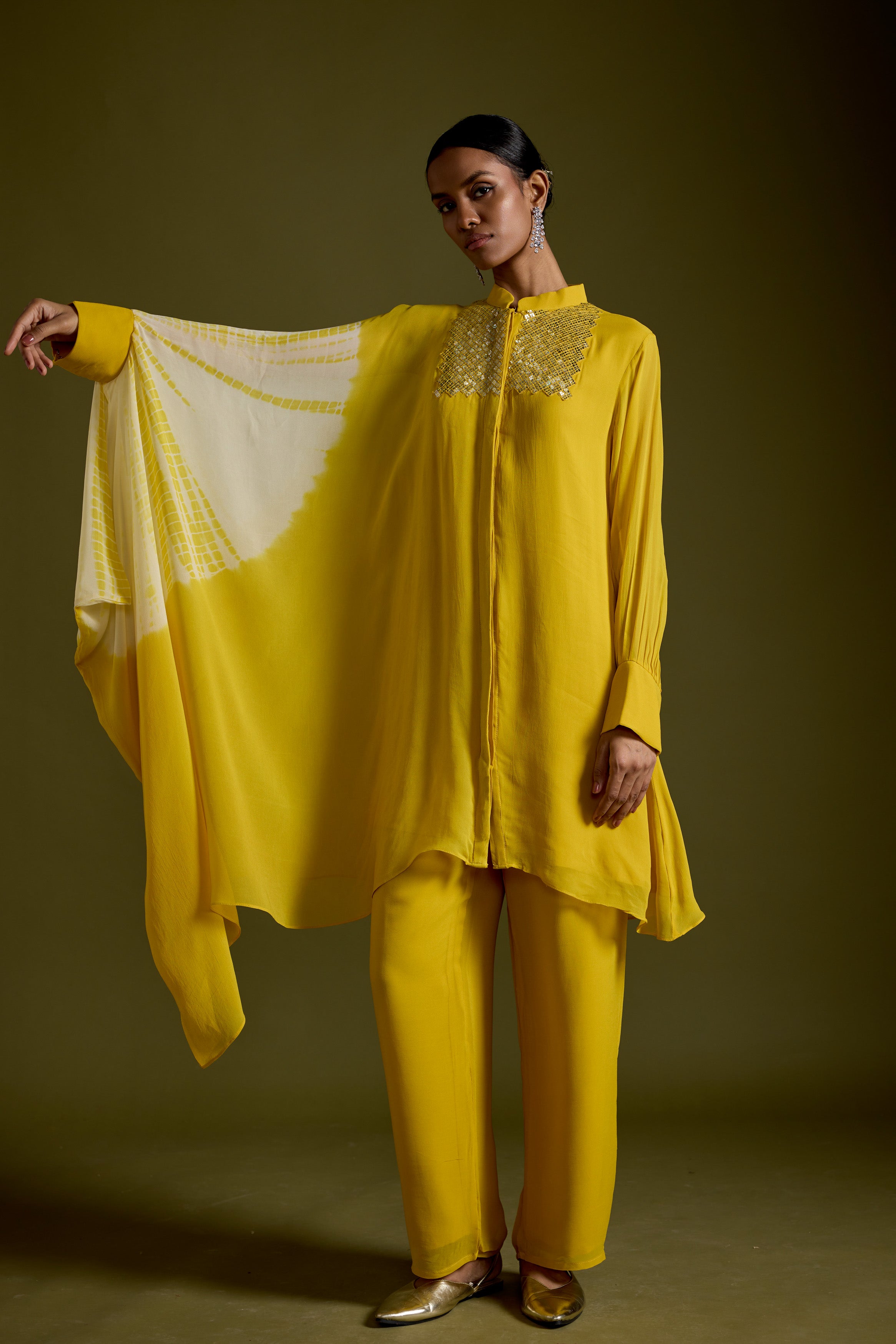 Warm Yellow Embellished Georgette Silk Kaftan Set
