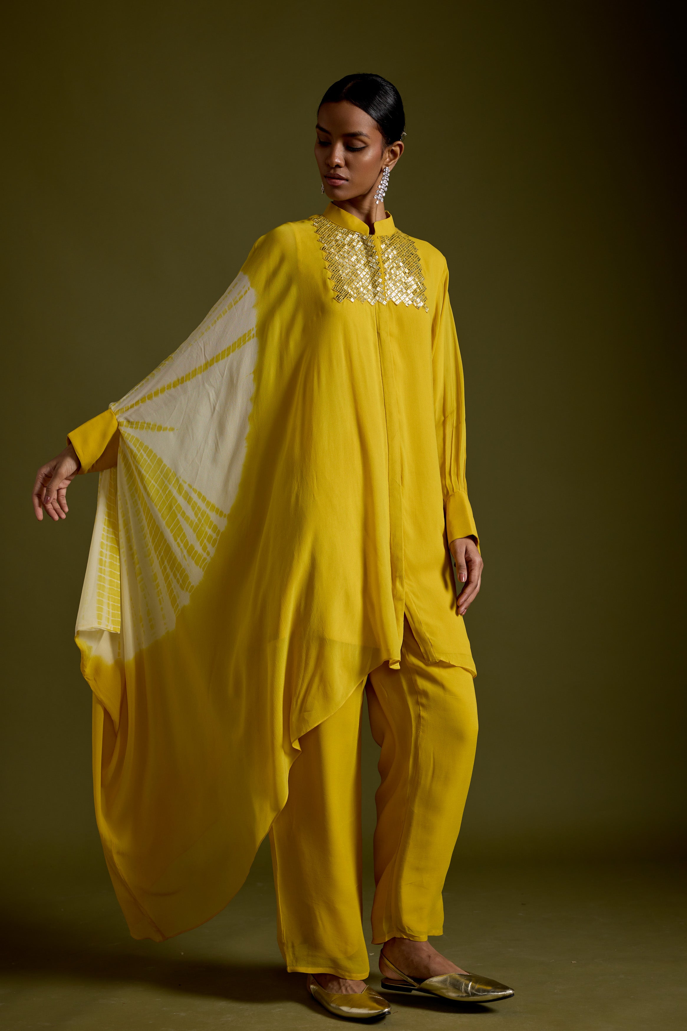 Warm Yellow Embellished Georgette Silk Kaftan Set