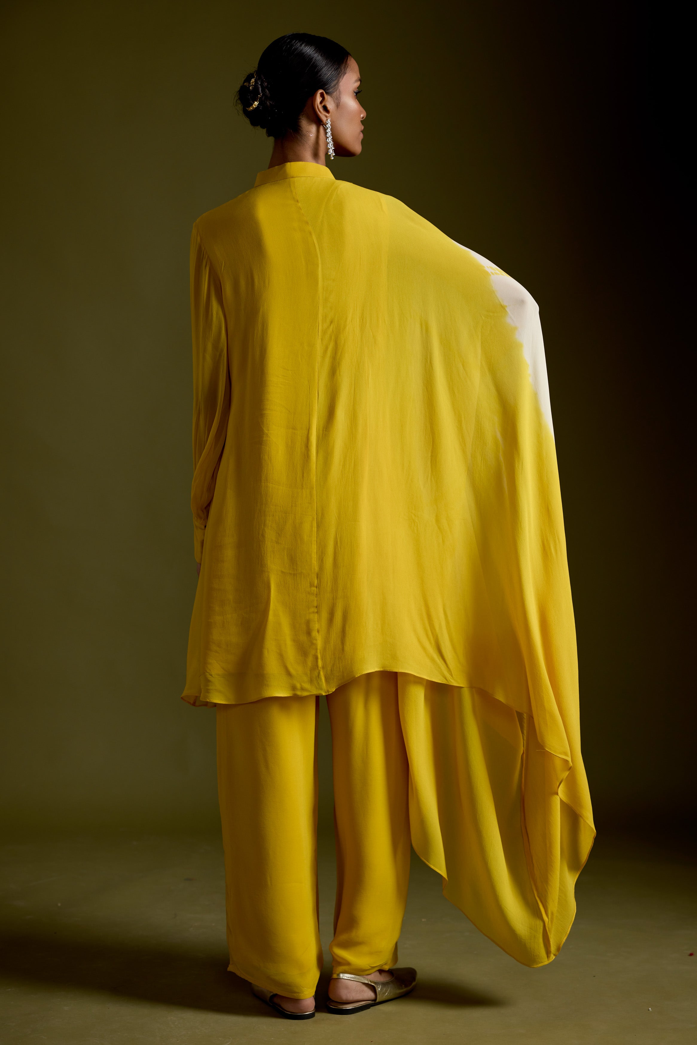 Warm Yellow Embellished Georgette Silk Kaftan Set