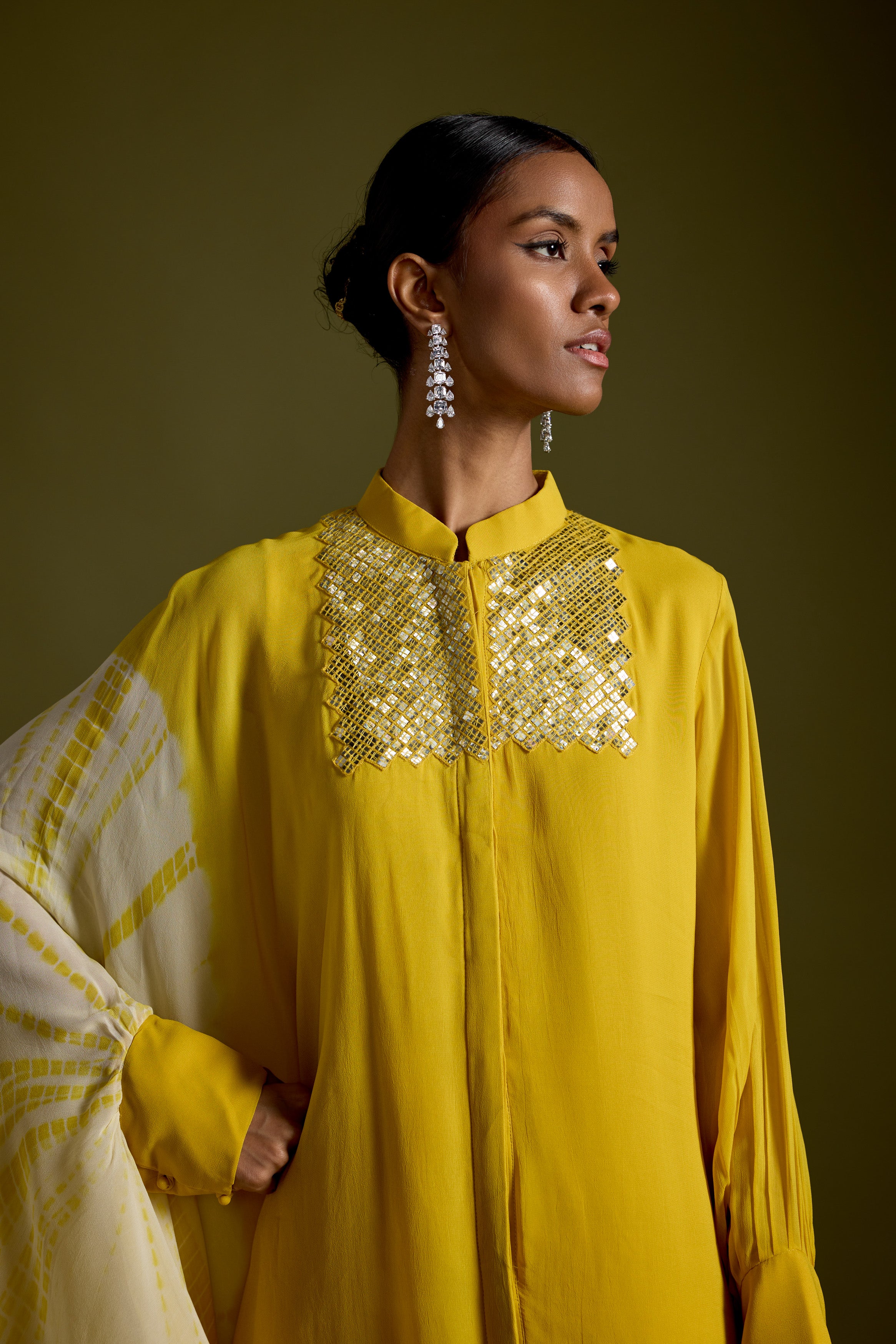 Warm Yellow Embellished Georgette Silk Kaftan Set