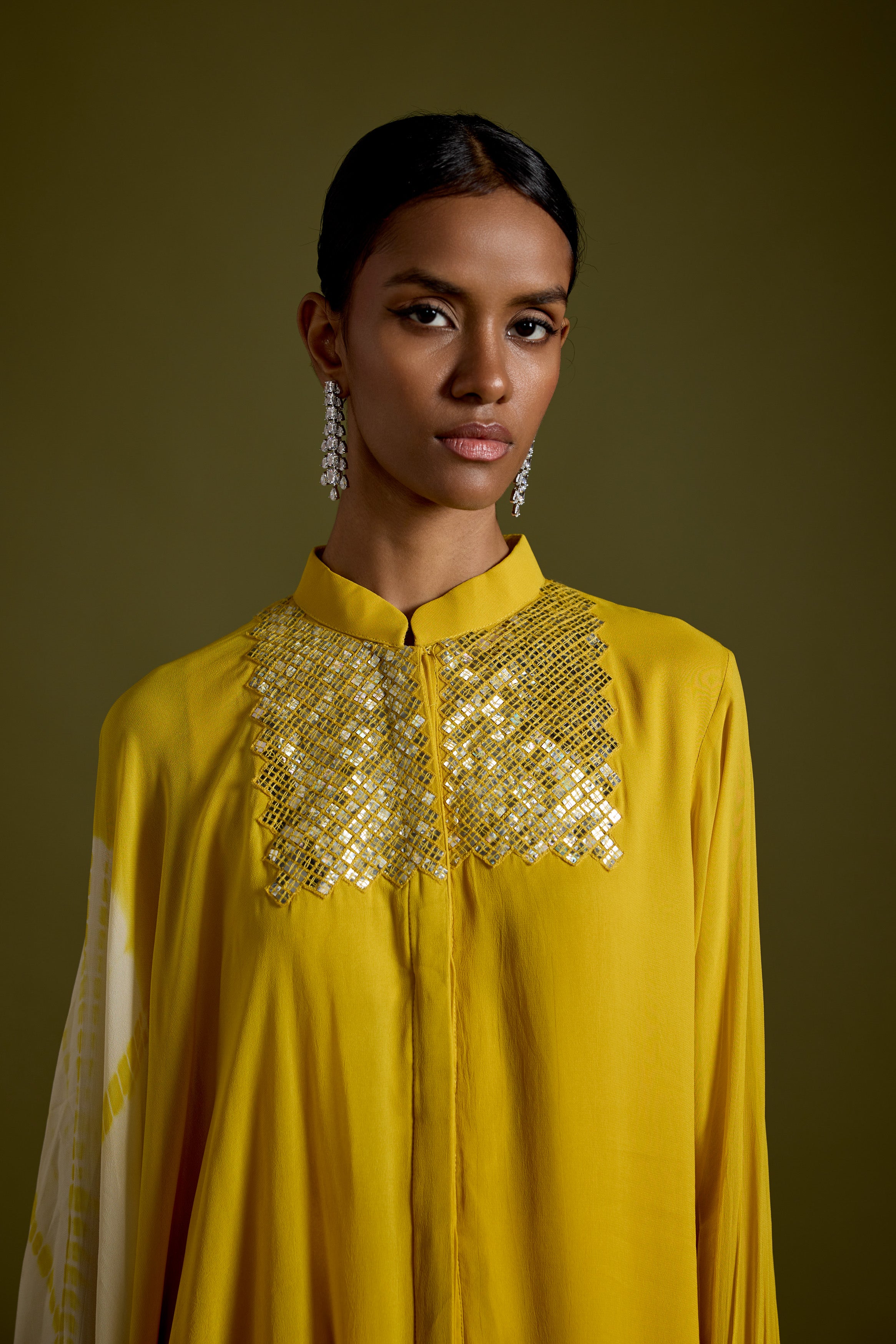 Warm Yellow Embellished Georgette Silk Kaftan Set
