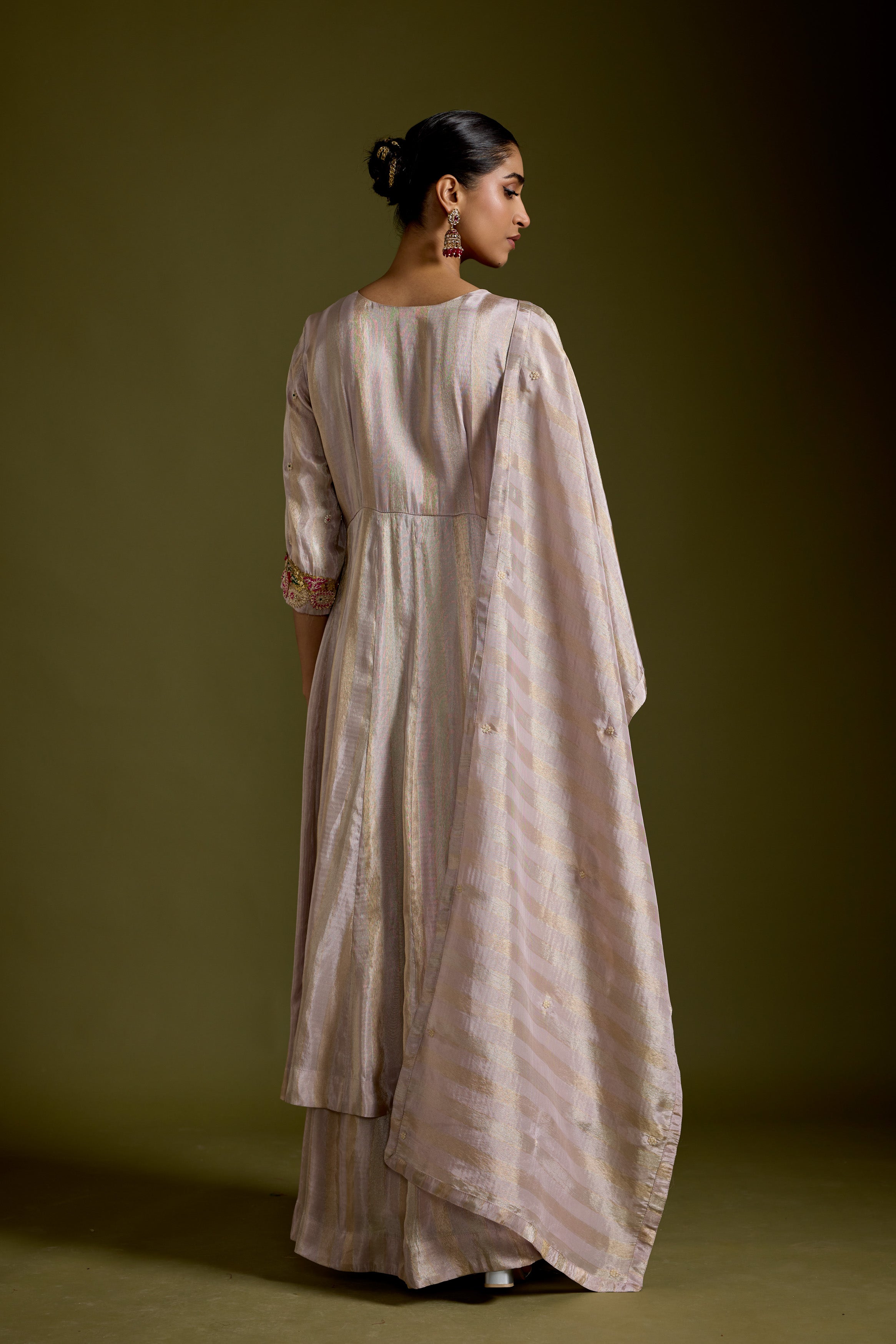 Dusty Mauve Embellished Shimmer Tissue Silk Skirt Set