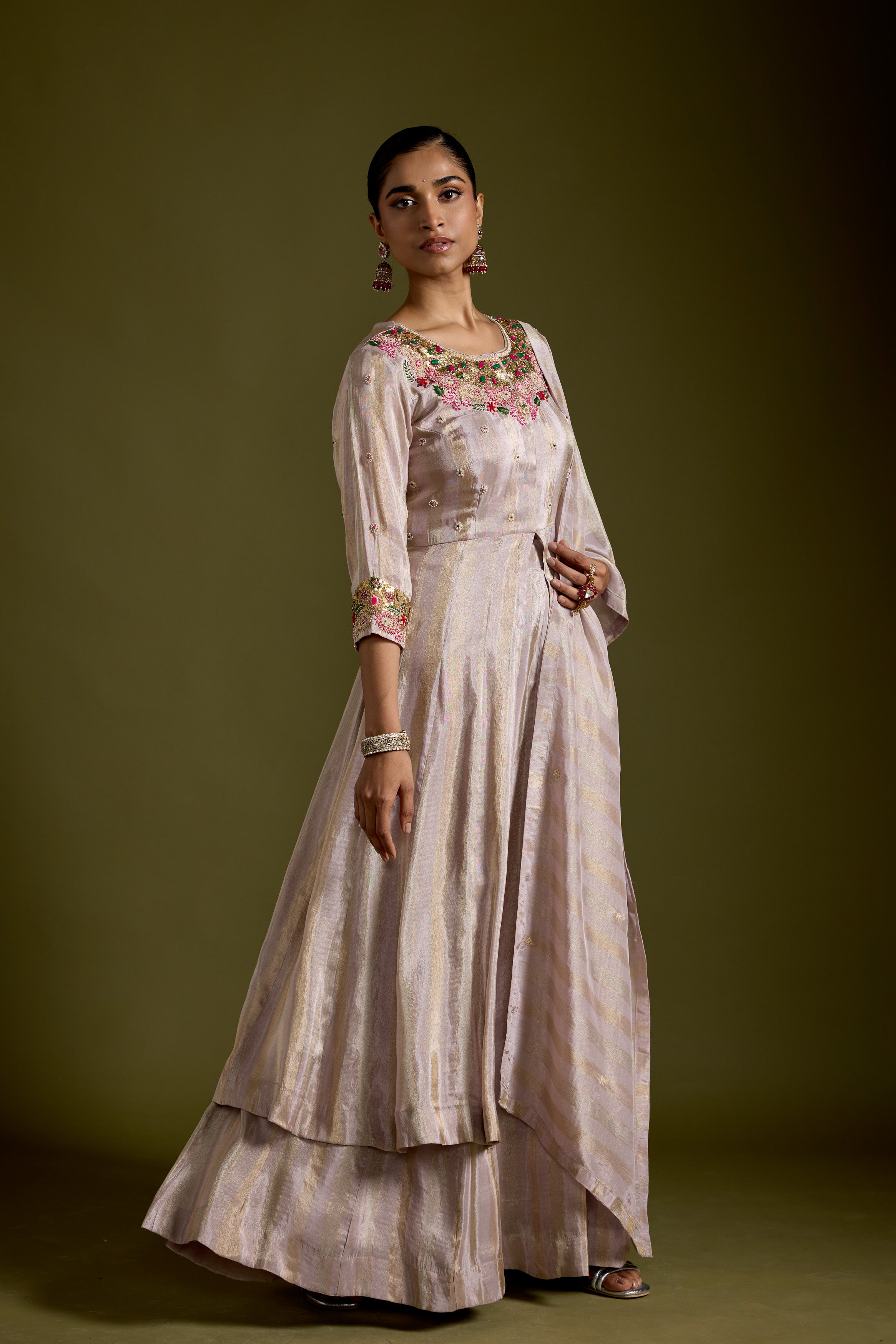 Dusty Mauve Embellished Shimmer Tissue Silk Skirt Set