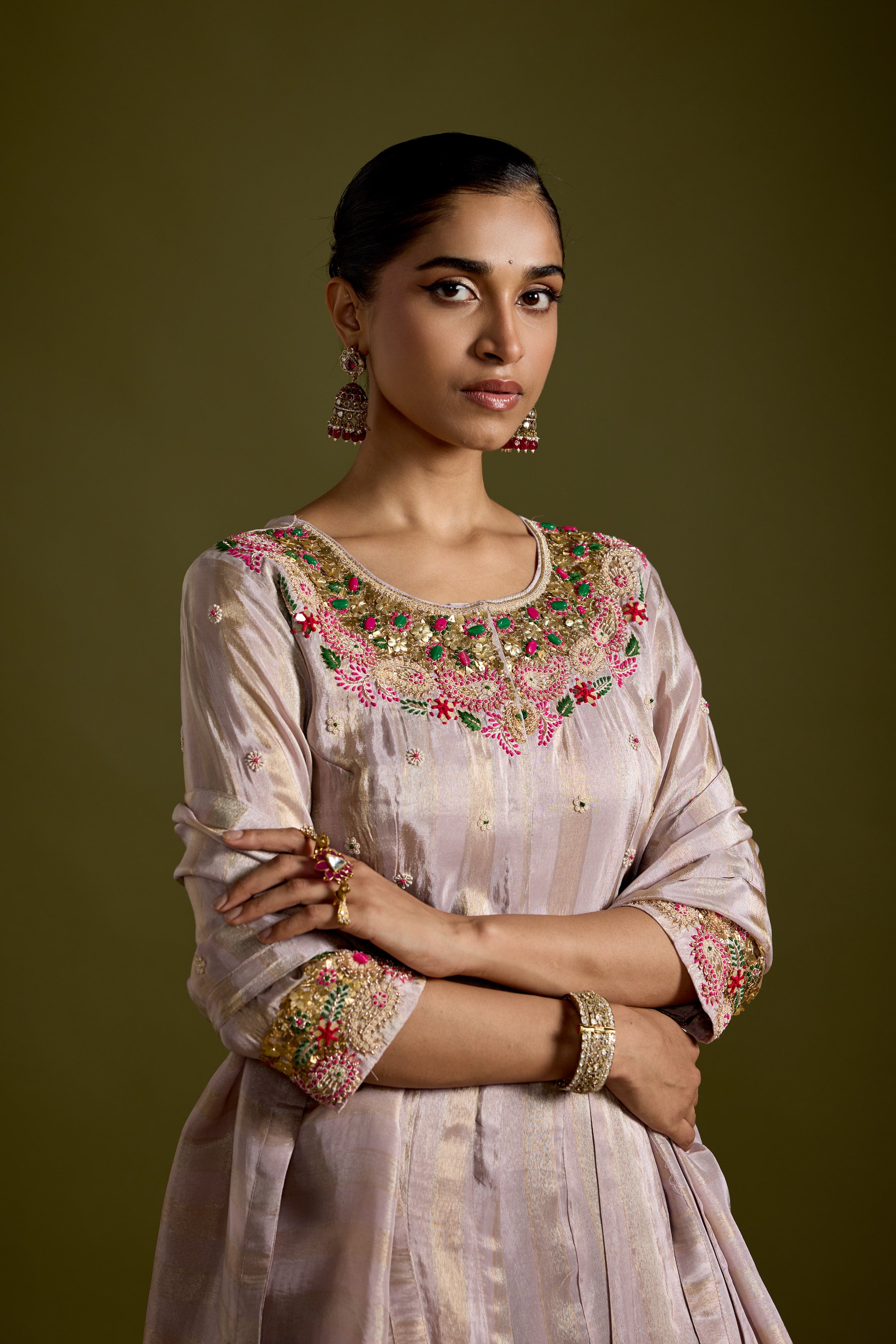 Dusty Mauve Embellished Shimmer Tissue Silk Skirt Set