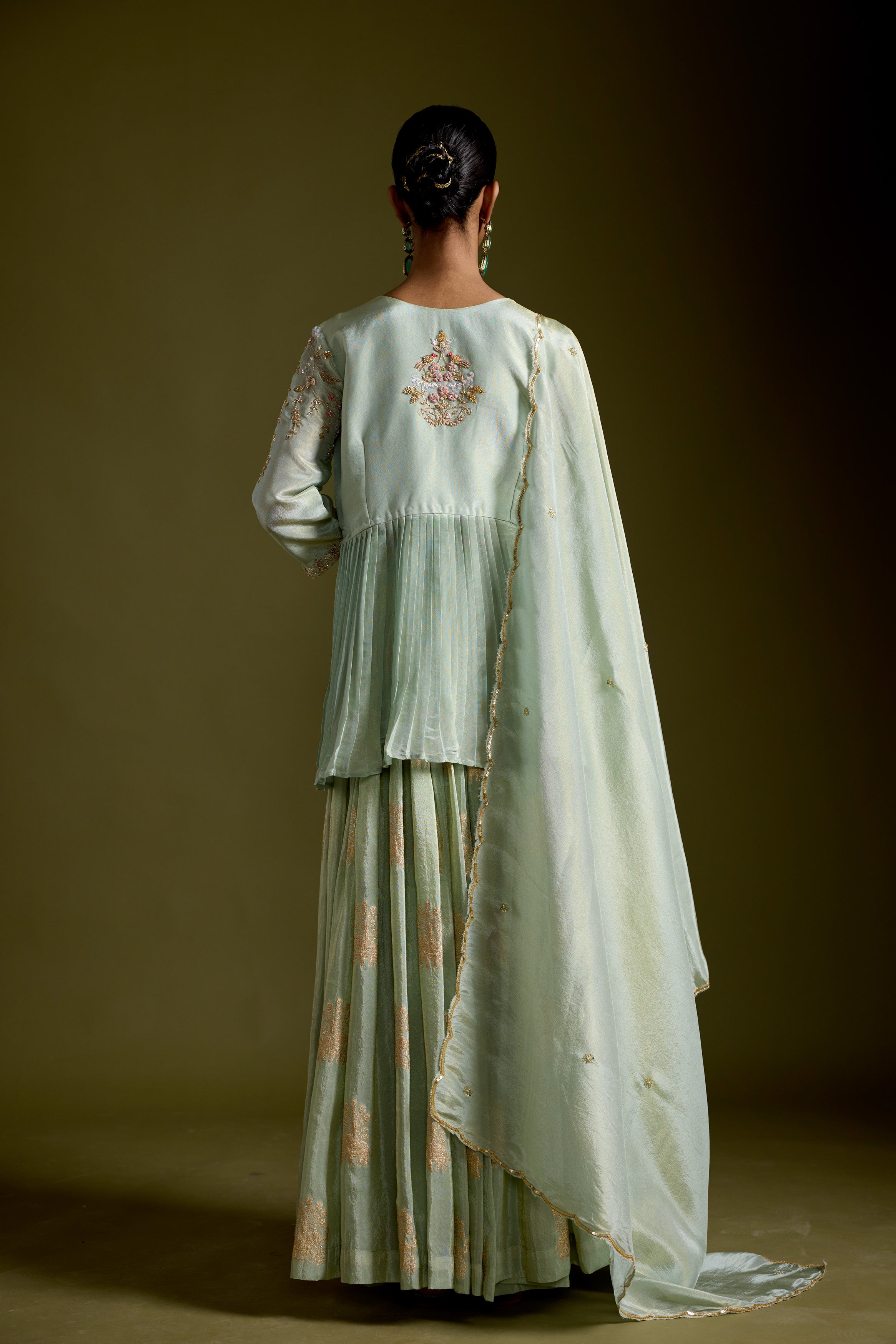 Pastel Green Embellished Shimmer Tissue Silk Skirt Set