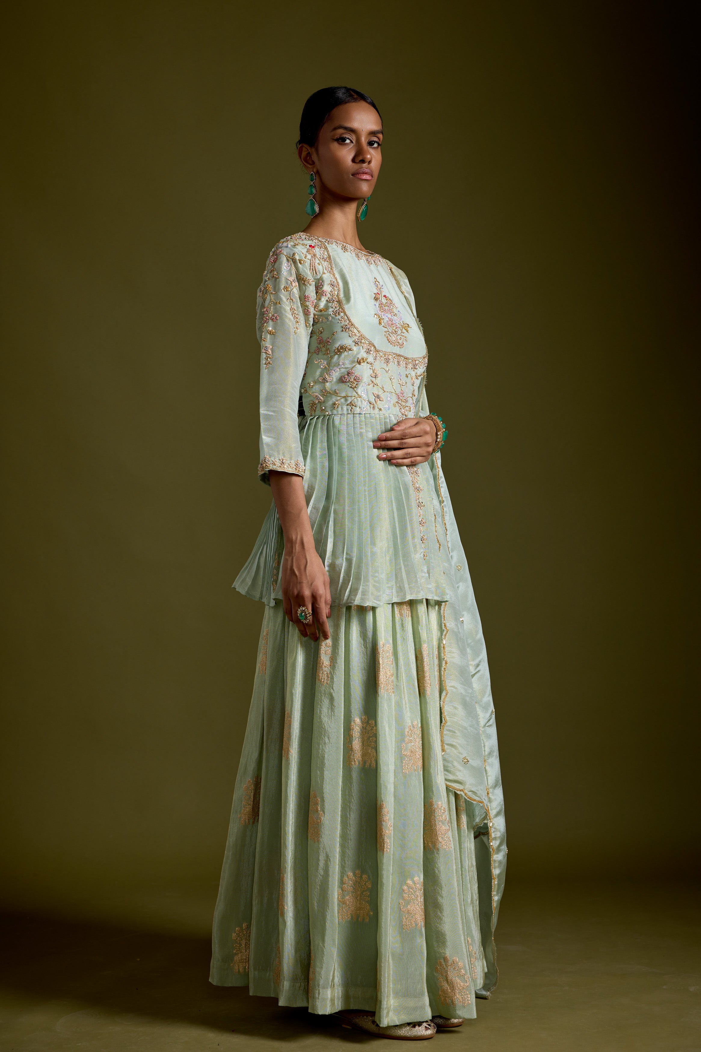 Pastel Green Embellished Shimmer Tissue Silk Skirt Set